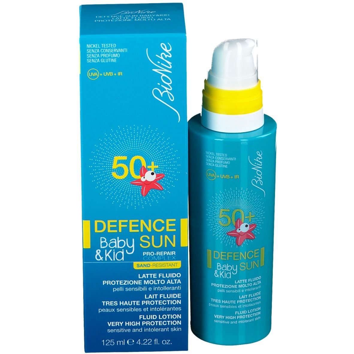 Produkt mit Verpackung. Türkisgrüne Flasche und Karton. Aufschrift: Bionike, Defence Sun Baby&Kid, SPF 50+.