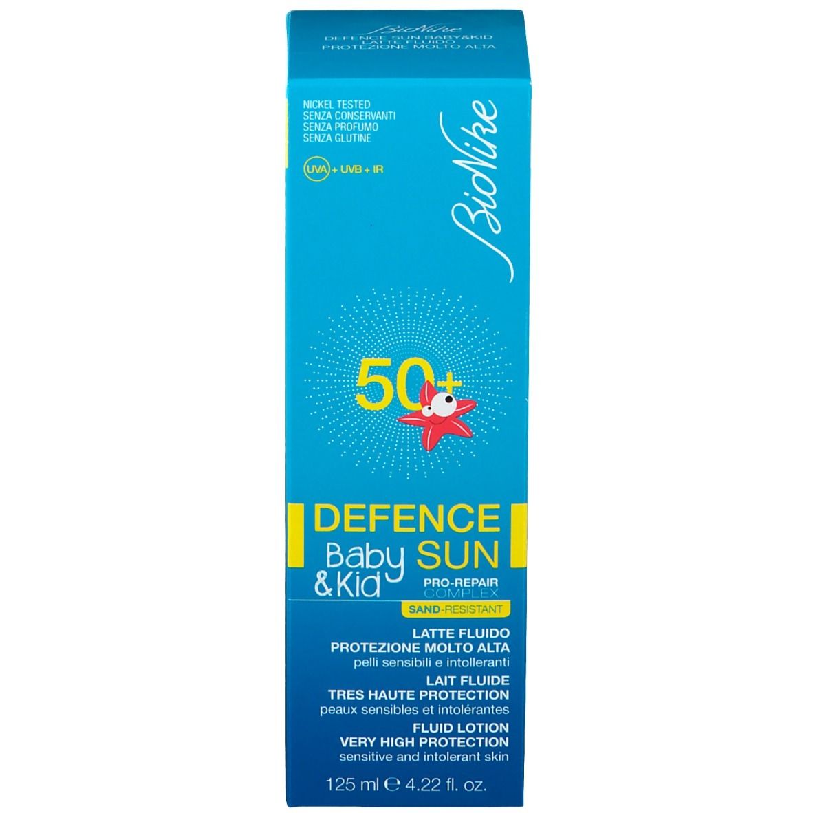 Blaue Verpackung mit Aufschrift: Bionike, Defence Sun Baby&Kid, SPF 50+.