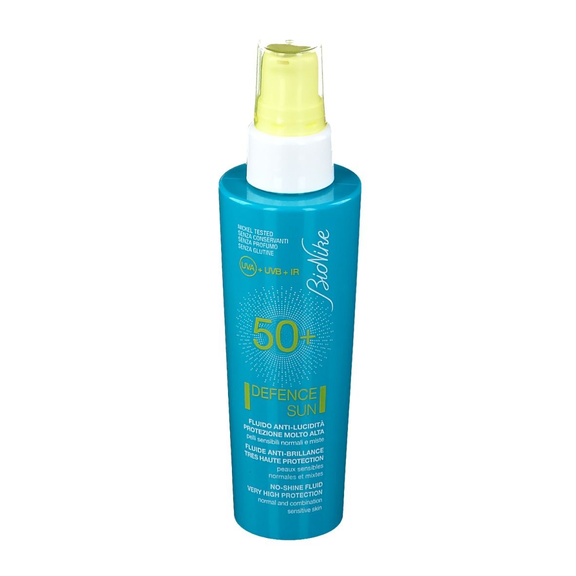 Flacone blu turchese con erogatore giallo. Scritta: 50+, Defence Sun, Bionike. Protezione solare.
