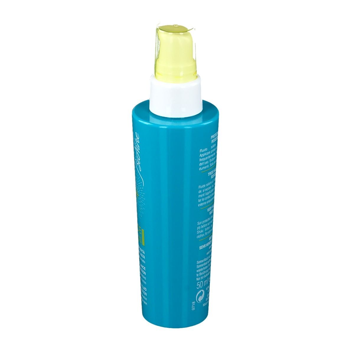 Flacone blu turchese con erogatore giallo. Scritta: Defence Sun, Bionike. Protezione solare.