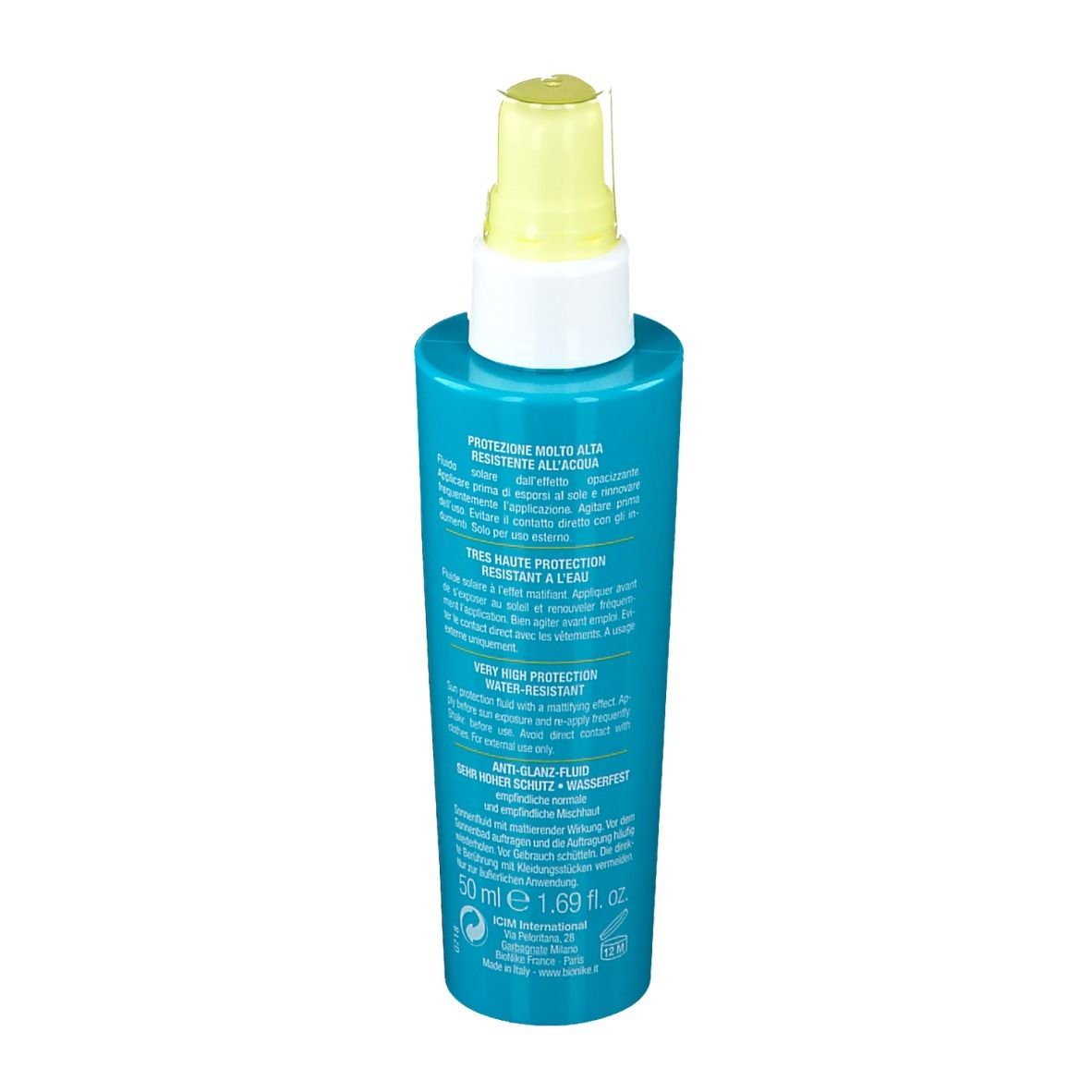 Flacone blu turchese con erogatore giallo. Scritta: Defence Sun, Bionike. Protezione solare.