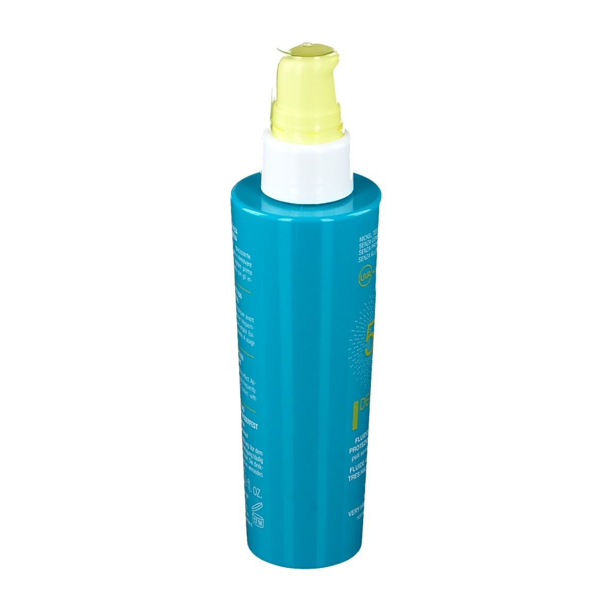 Flacone blu turchese con erogatore giallo. Scritta: Defence Sun, Bionike. Protezione solare.