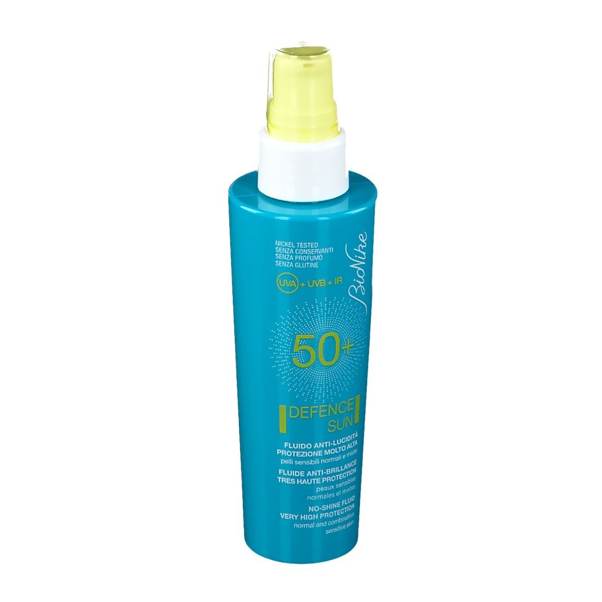 Flacone blu turchese con erogatore giallo. Scritta: 50+, Defence Sun, Bionike. Protezione solare.