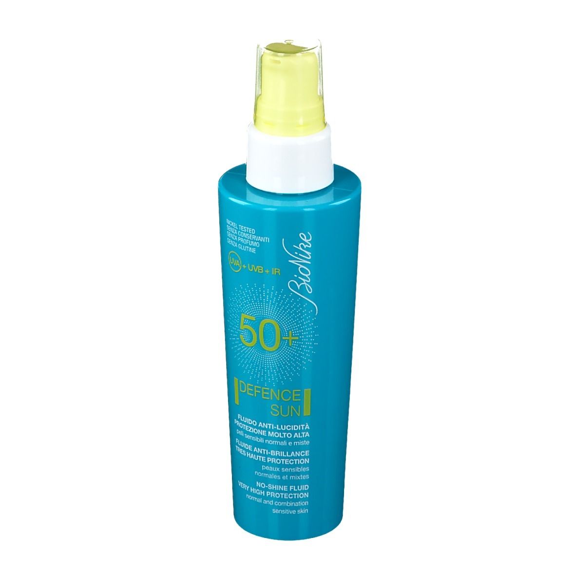 Flacone blu turchese con erogatore giallo. Scritta: 50+, Defence Sun, Bionike. Protezione solare.