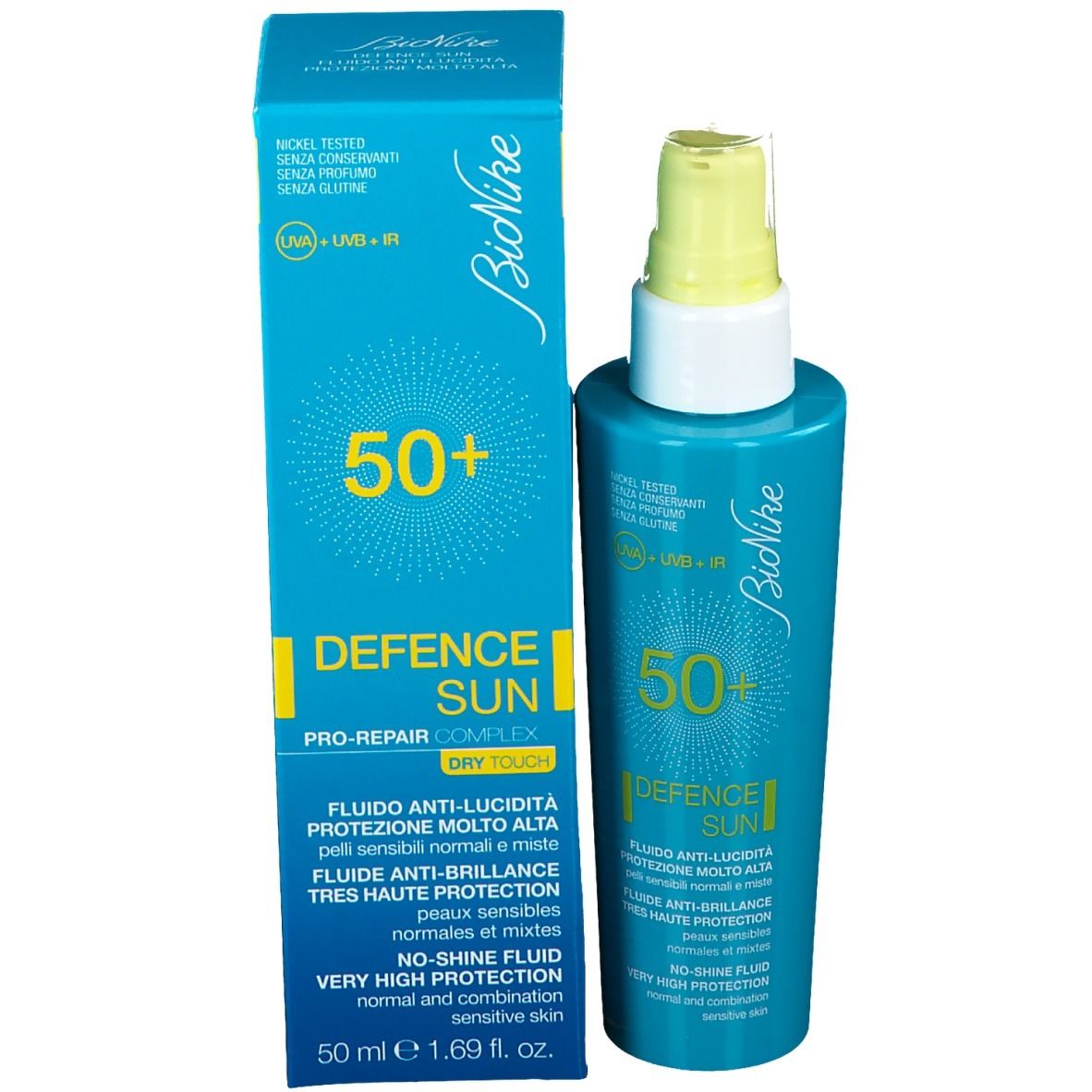Scatola e flacone blu turchese con erogatore giallo. Scritta: 50+, Defence Sun, Bionike. Protezione solare.