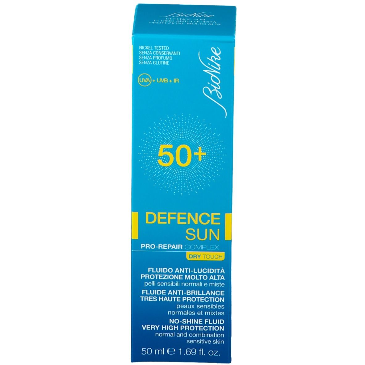 Scatola blu turchese. Scritta: 50+, Defence Sun, Bionike. Protezione solare.