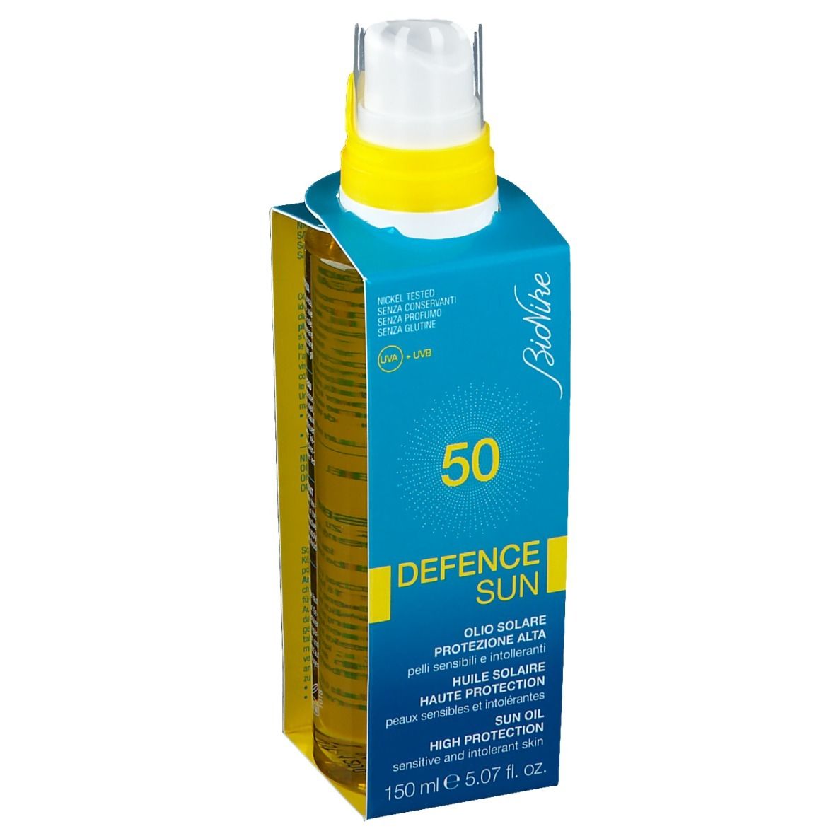 BioNike Defence Sun Solaröl 50, emballage. Flacon spray, design bleu et jaune. Texte: Defence Sun, 50, Sun Oil.