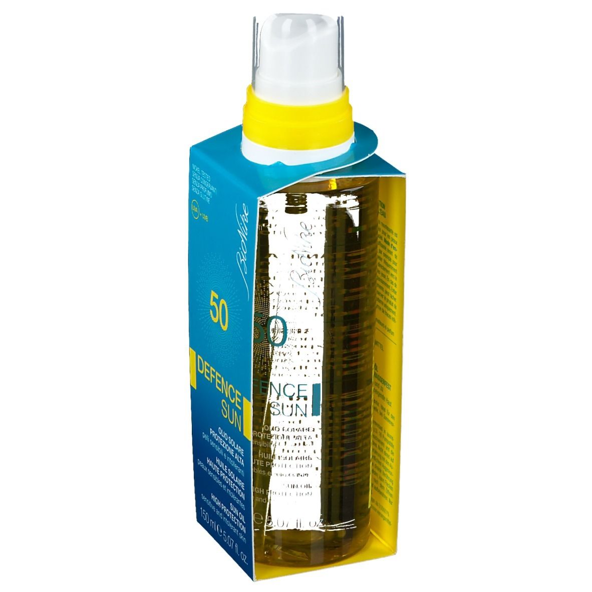 BioNike Defence Sun Solaröl 50, emballage. Flacon spray, design bleu et jaune. Texte sur la bouteille.