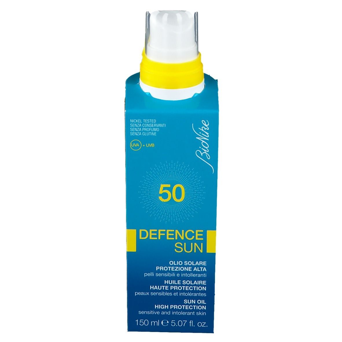 BioNike Defence Sun Solaröl 50, emballage. Flacon spray, design bleu et jaune. Texte: Defence Sun, 50, Sun Oil.