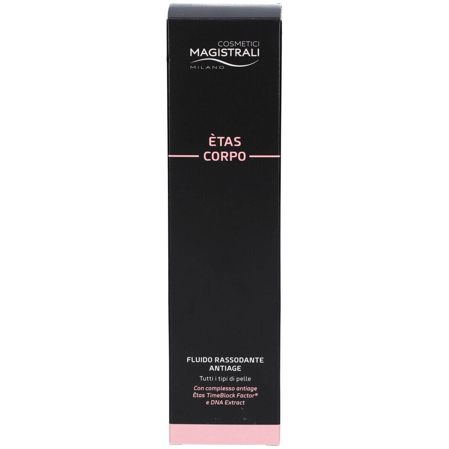 Emballage noir avec nom du produit et texte. Accent rose. Texte : Fluido rassodante antiage.