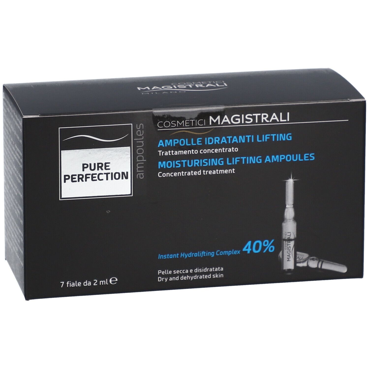 Scatola nera con fiale. Scritto: Pure Perfection, Ampolle Idratanti Lifting. 7 fiale.