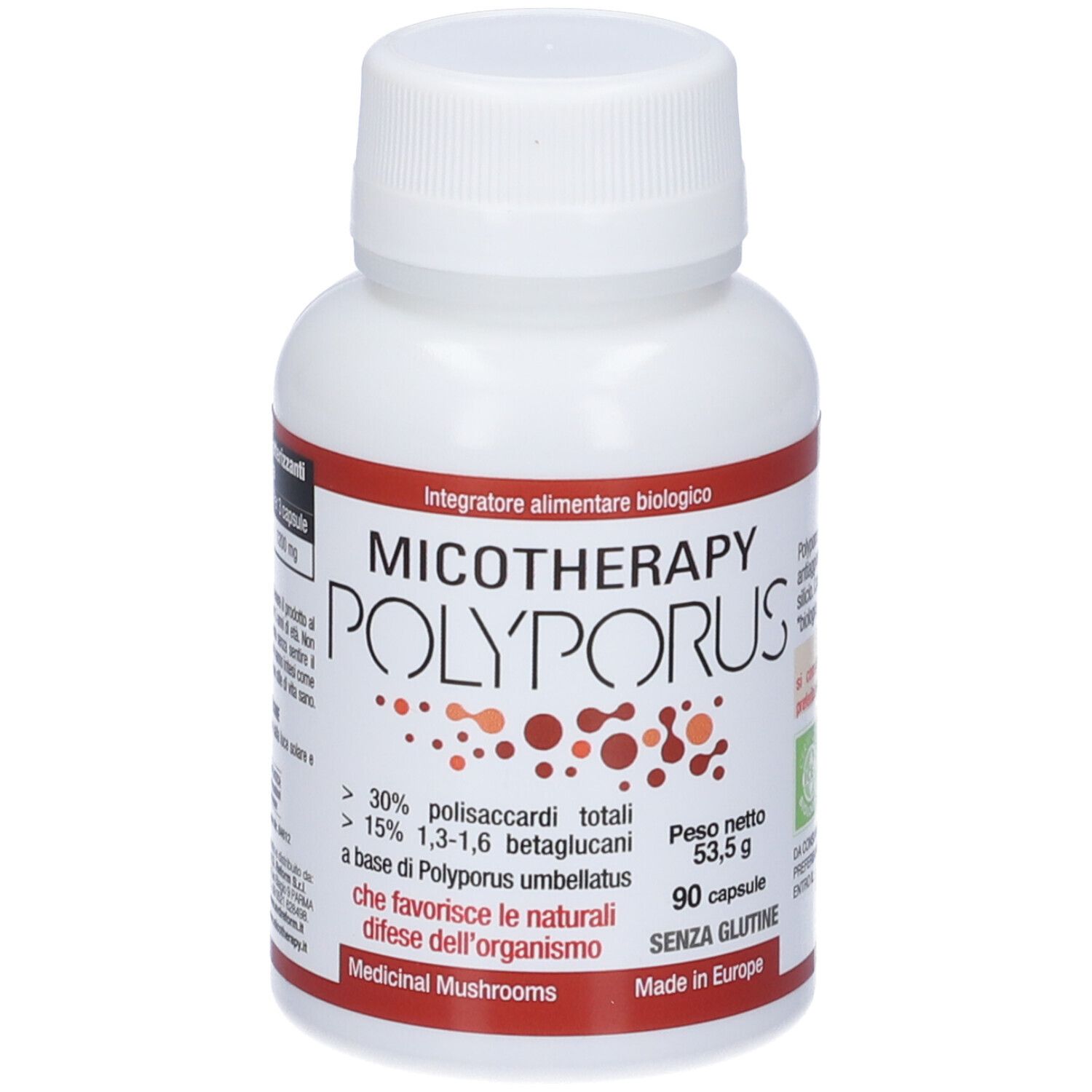 Flacone bianco con etichetta rossa. Scritta: Micotherapy Polyporus. Contiene 90 capsule. Con certificazioni.