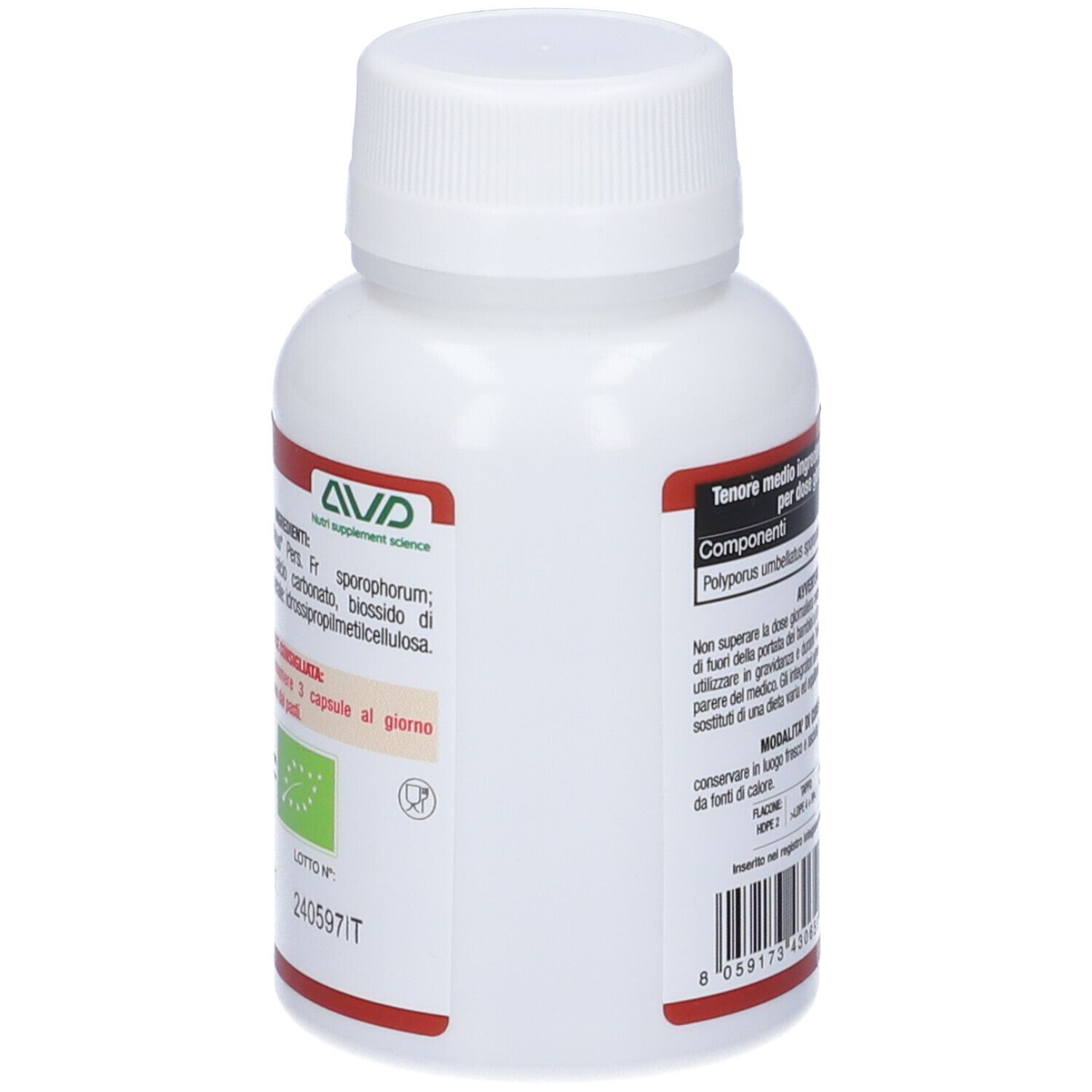 Flacone bianco con etichetta rossa. Contiene informazioni su ingredienti e certificazioni. Con codice a barre.