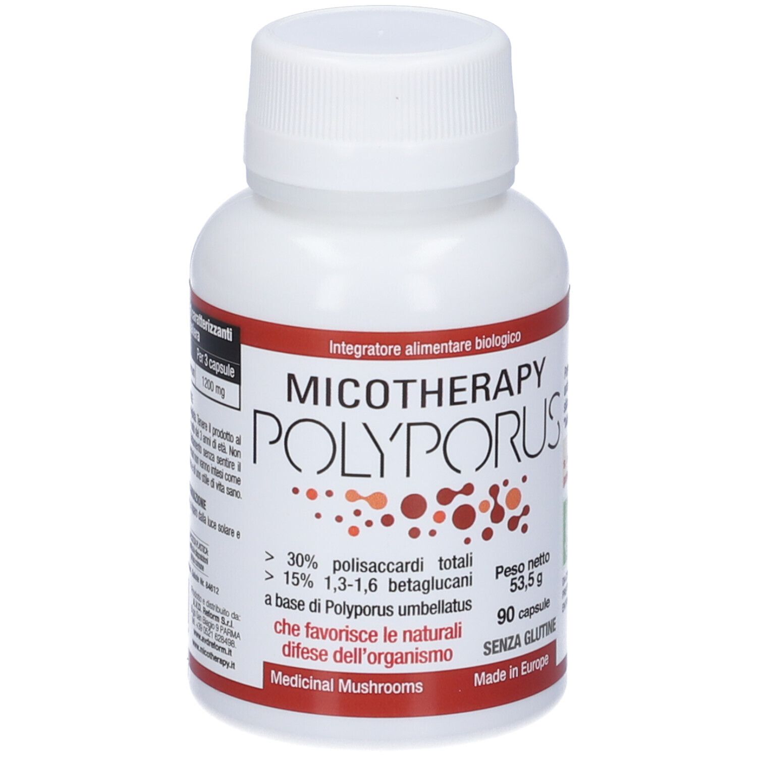 Flacone bianco con etichetta rossa. Scritta: Micotherapy Polyporus. Contiene 90 capsule. Con certificazioni.