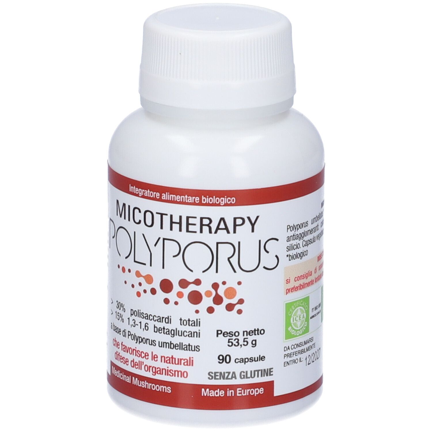Flacone bianco con etichetta rossa. Scritta: Micotherapy Polyporus. Contiene 90 capsule. Con certificazioni.