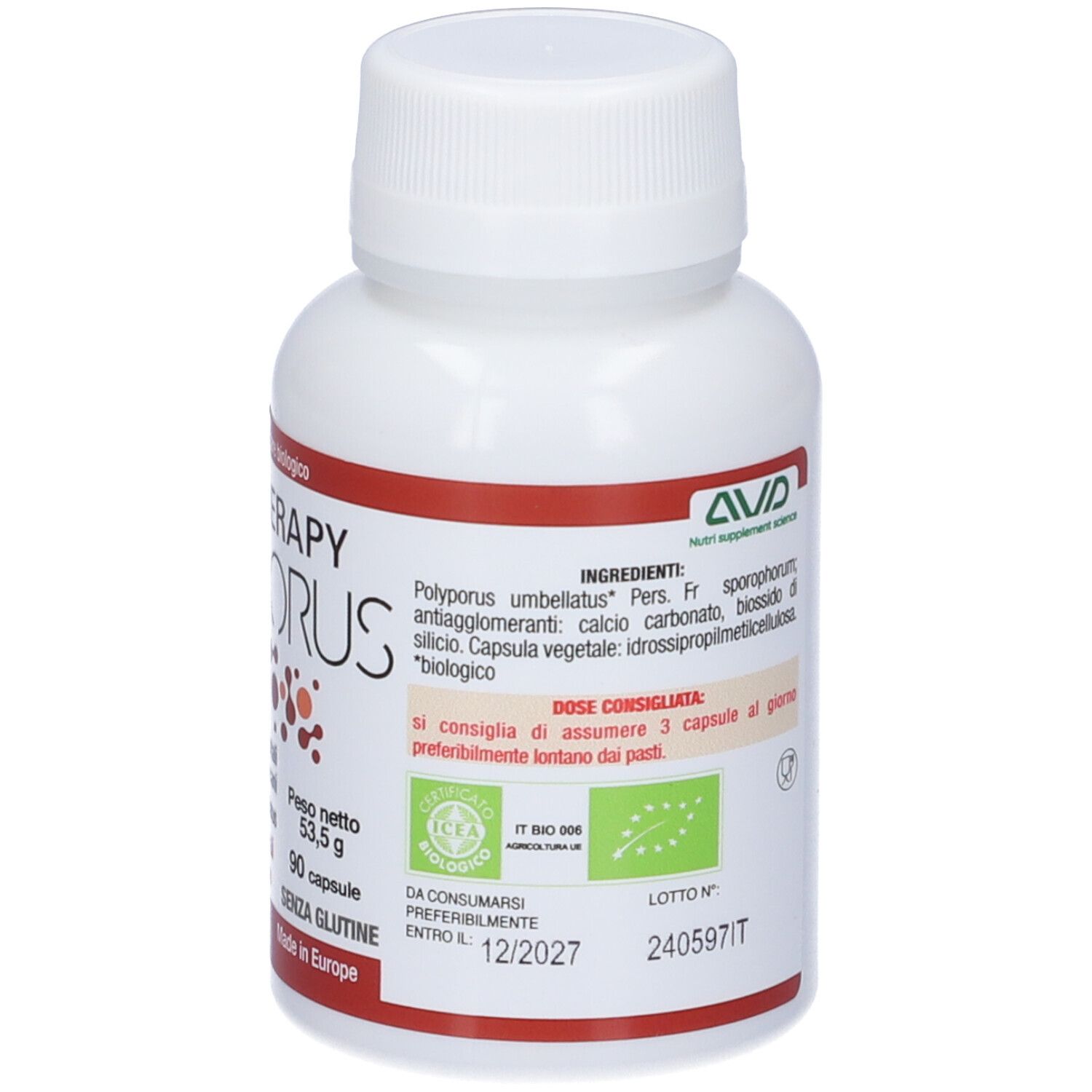 Flacone bianco con etichetta rossa. Scritta: Micotherapy Polyporus. Contiene 90 capsule. Con certificazioni.