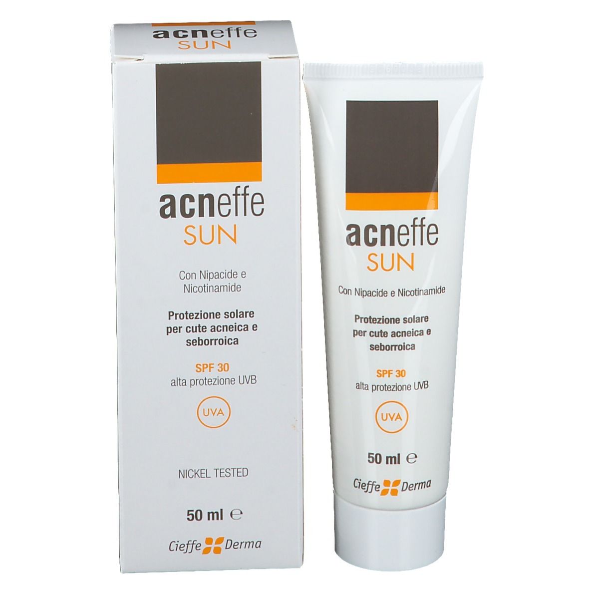 Confezione del prodotto: tubo e scatola. Sulla scatola: nome del prodotto, SPF 30, 50 ml. Testato al nichel.