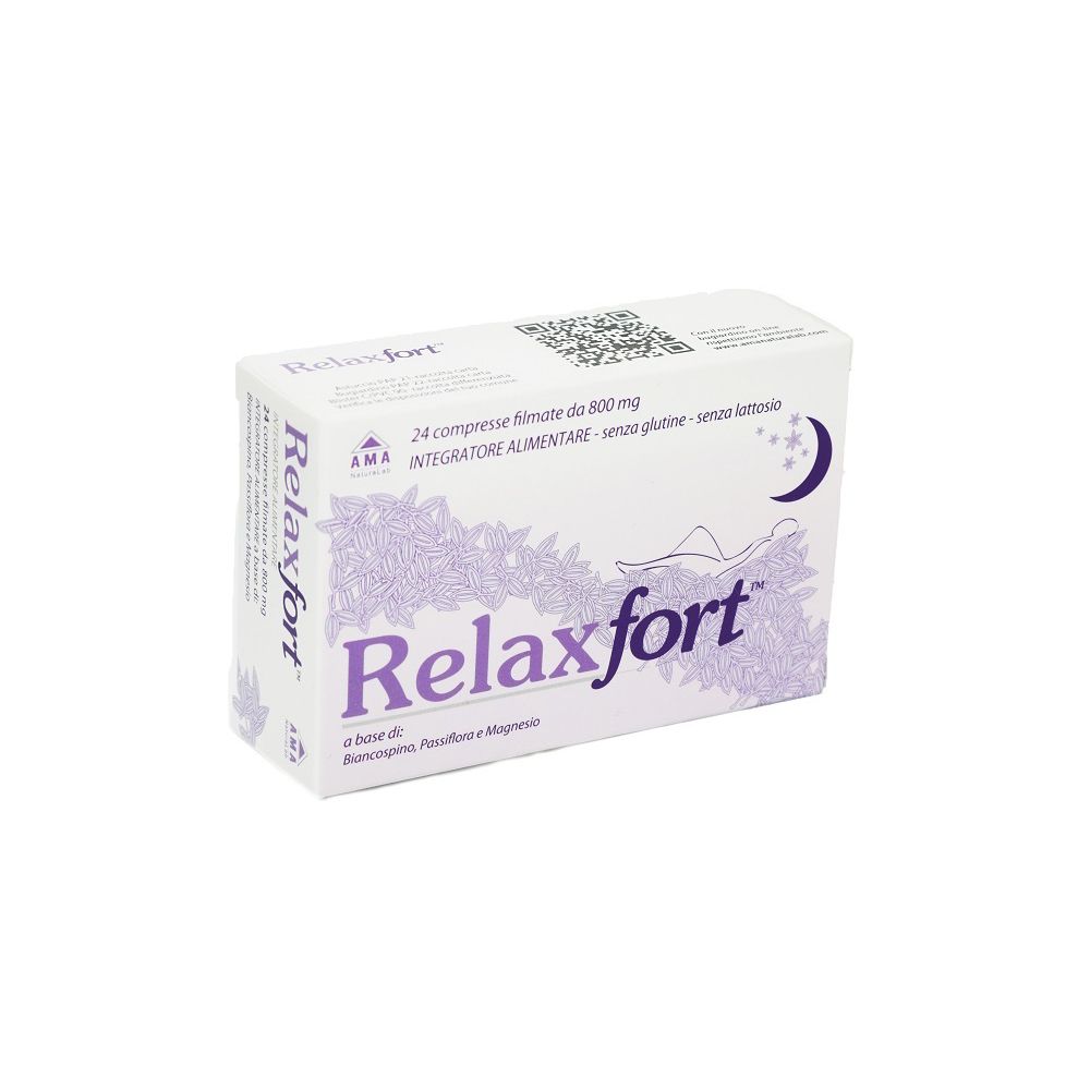 Scatola 'Relaxfort' con 24 compresse filmate. Motivo floreale viola, luna e stelle. Logo AMA. Testo: 'Integratore alimentare'.