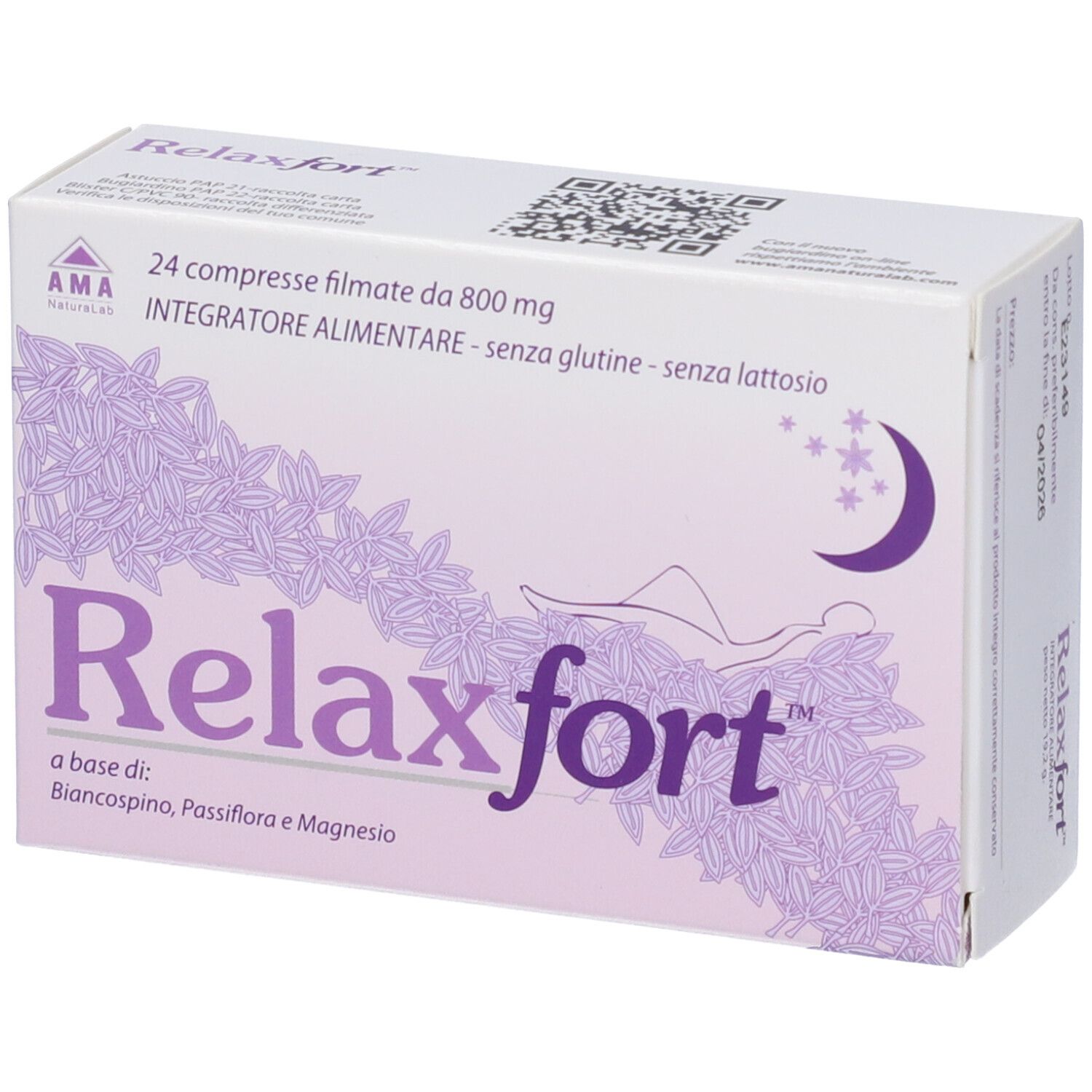 Scatola 'Relaxfort'. 24 compresse filmate. Motivo floreale viola, luna e stelle. Logo AMA. Testo: 'Integratore alimentare - senza glutine - senza lattosio'.