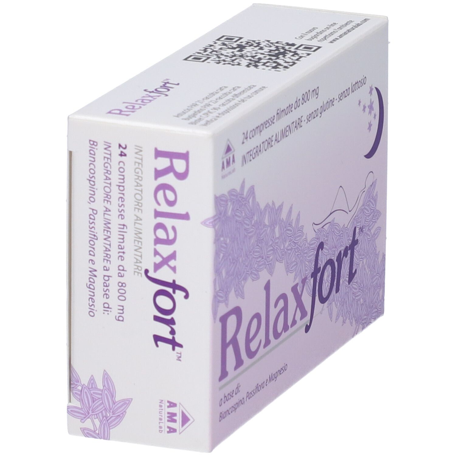 Scatola 'Relaxfort' in prospettiva. 24 compresse filmate. Motivo floreale viola, luna e stelle. Logo AMA. Testo: 'Integratore alimentare'.