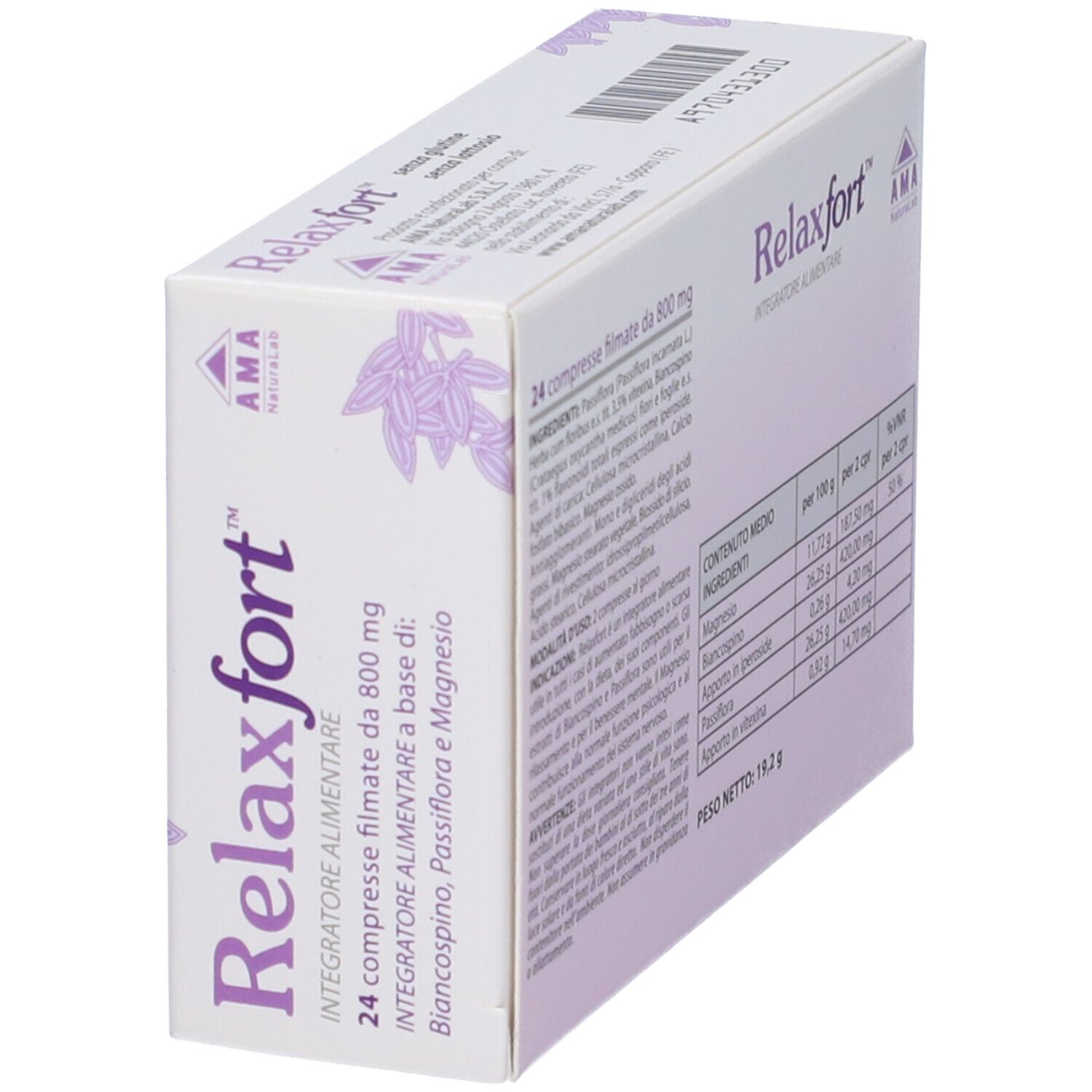 Scatola 'Relaxfort' in prospettiva. 24 compresse filmate. Testo: 'Integratore alimentare'. Logo AMA. Lista ingredienti visibile.