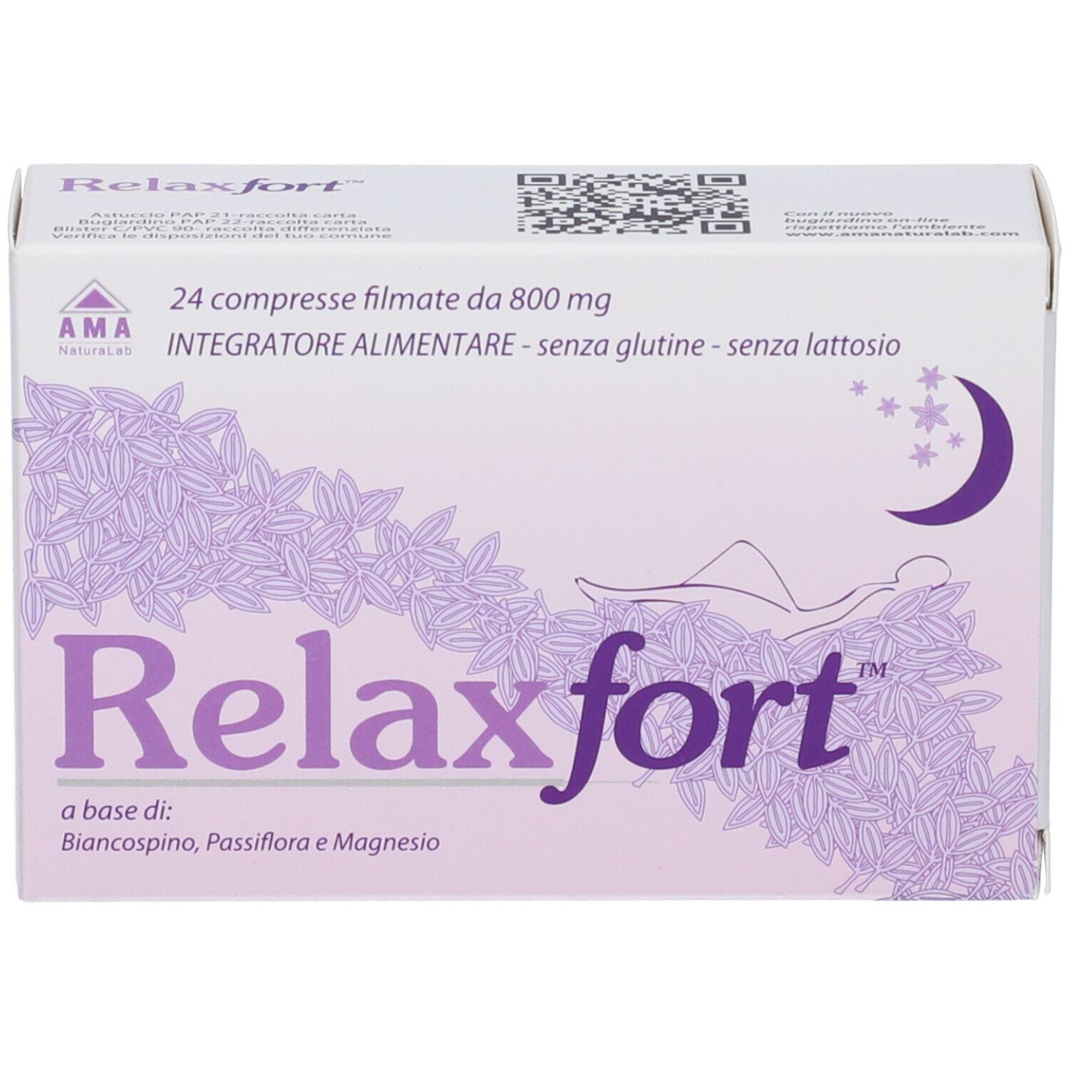 Scatola 'Relaxfort'. 24 compresse filmate. Motivo floreale viola, luna e stelle. Logo AMA. Testo: 'Integratore alimentare - senza glutine - senza lattosio'.