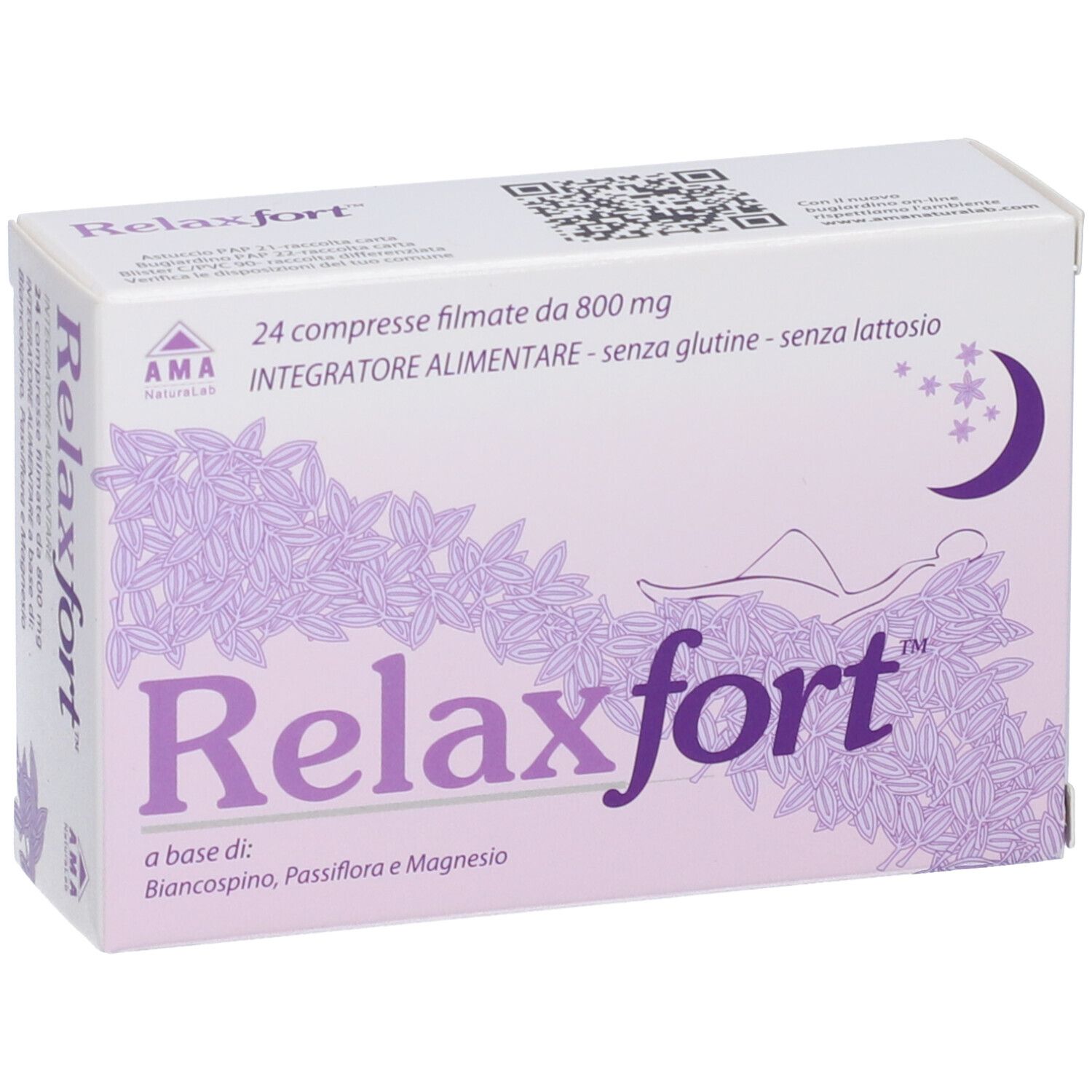 Scatola 'Relaxfort'. 24 compresse filmate. Motivo floreale viola, luna e stelle. Logo AMA. Testo: 'Integratore alimentare - senza glutine - senza lattosio'.