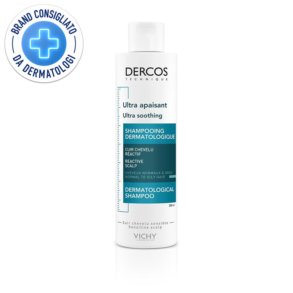 Flacone di shampoo Vichy Dercos. Bianco, etichetta blu. Testo: Ultra lenitivo, shampoo dermatologico. Consigliato dai dermatologi.