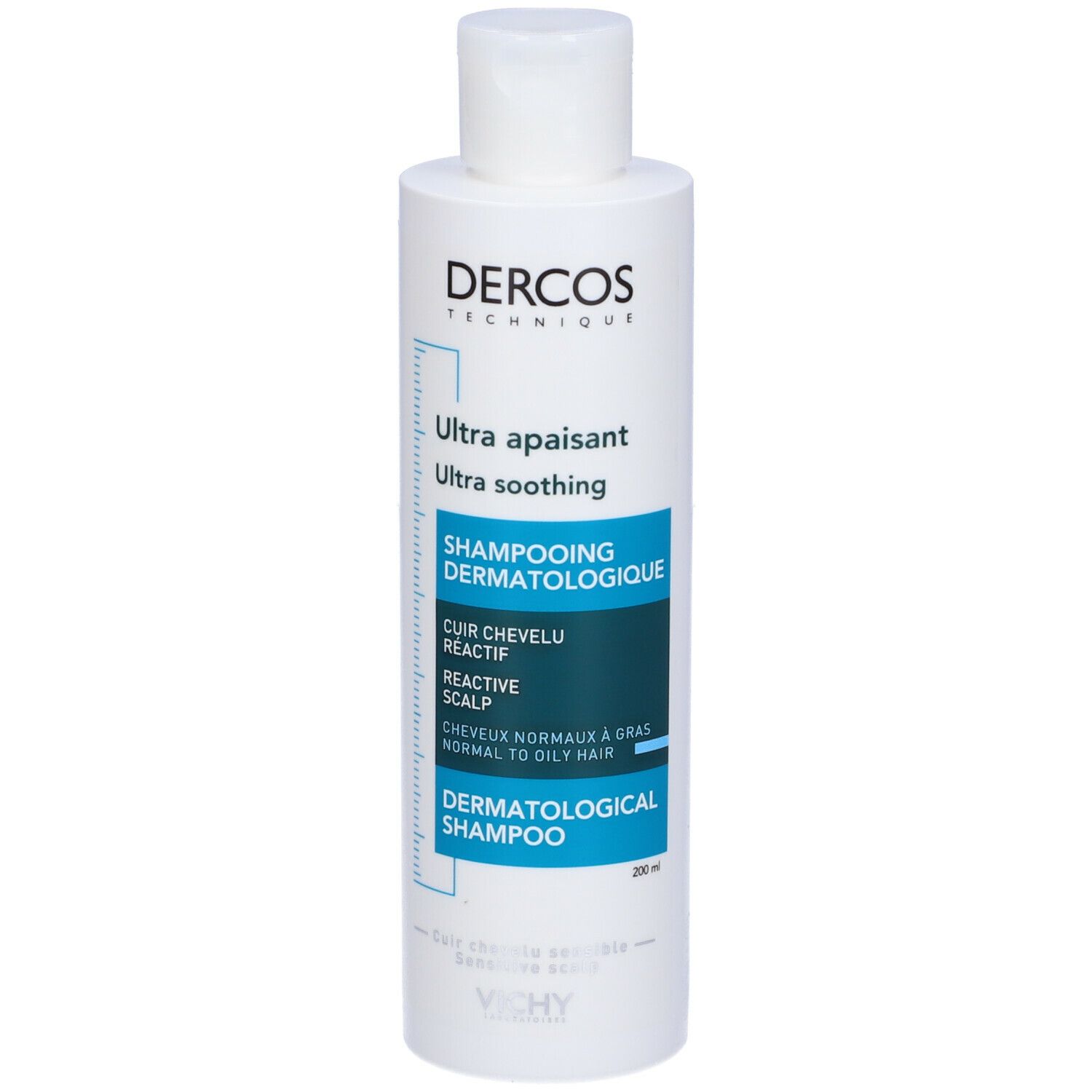 Flacone di shampoo Vichy Dercos. Bianco, etichetta blu. Testo: Ultra lenitivo, shampoo dermatologico. Per cuoio capelluto sensibile.