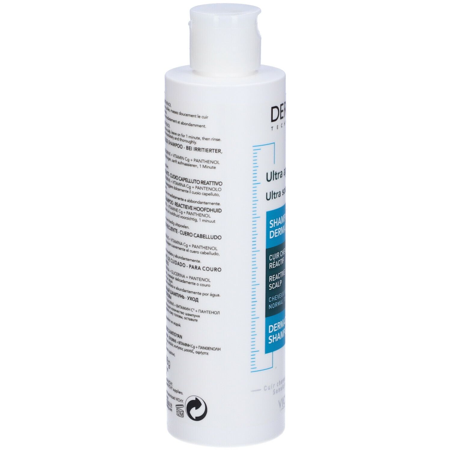 Retro del flacone di shampoo Vichy Dercos. Testo multilingue. Informazioni sul prodotto e ingredienti.