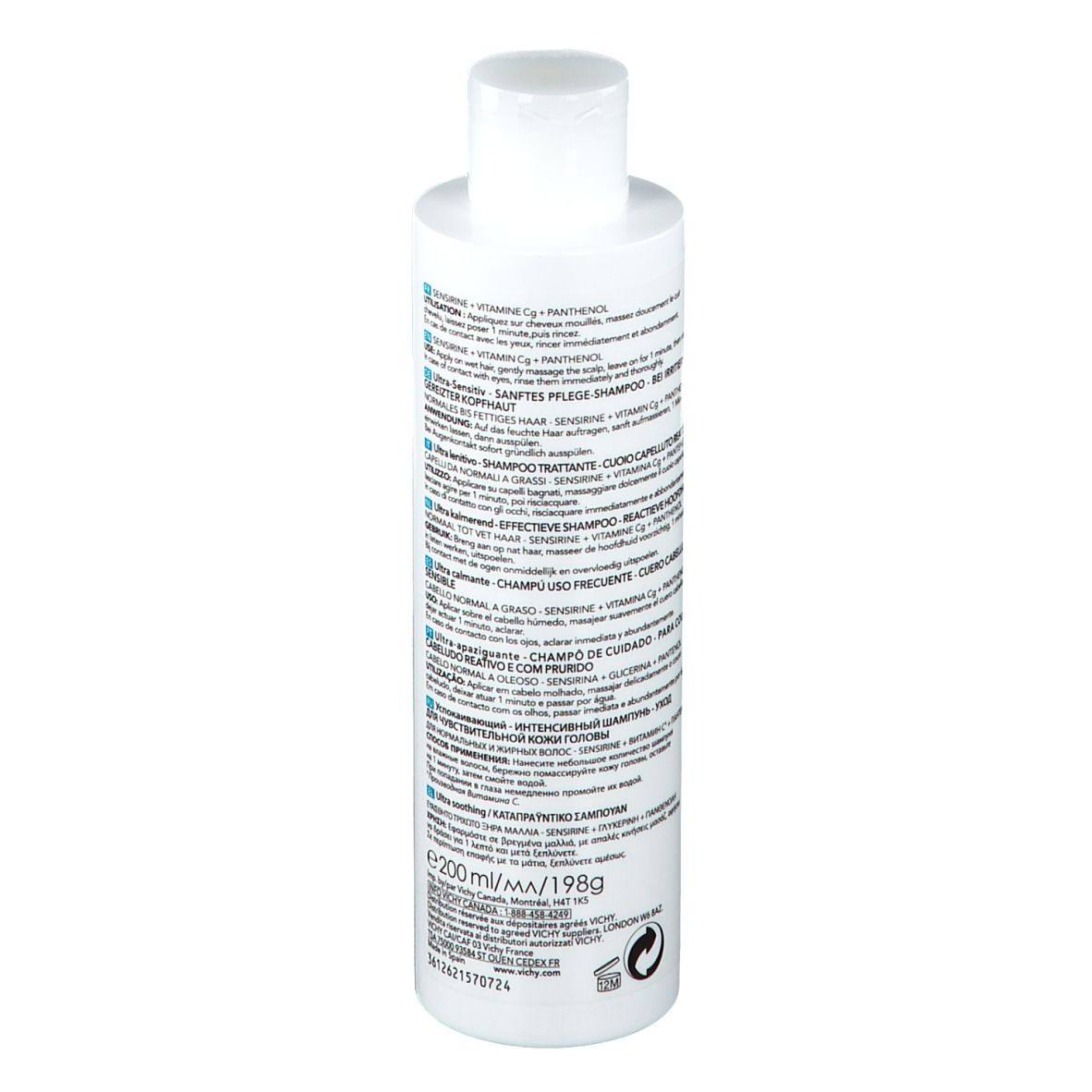 Retro del flacone di shampoo Vichy Dercos. Testo multilingue. Informazioni sul prodotto e ingredienti.