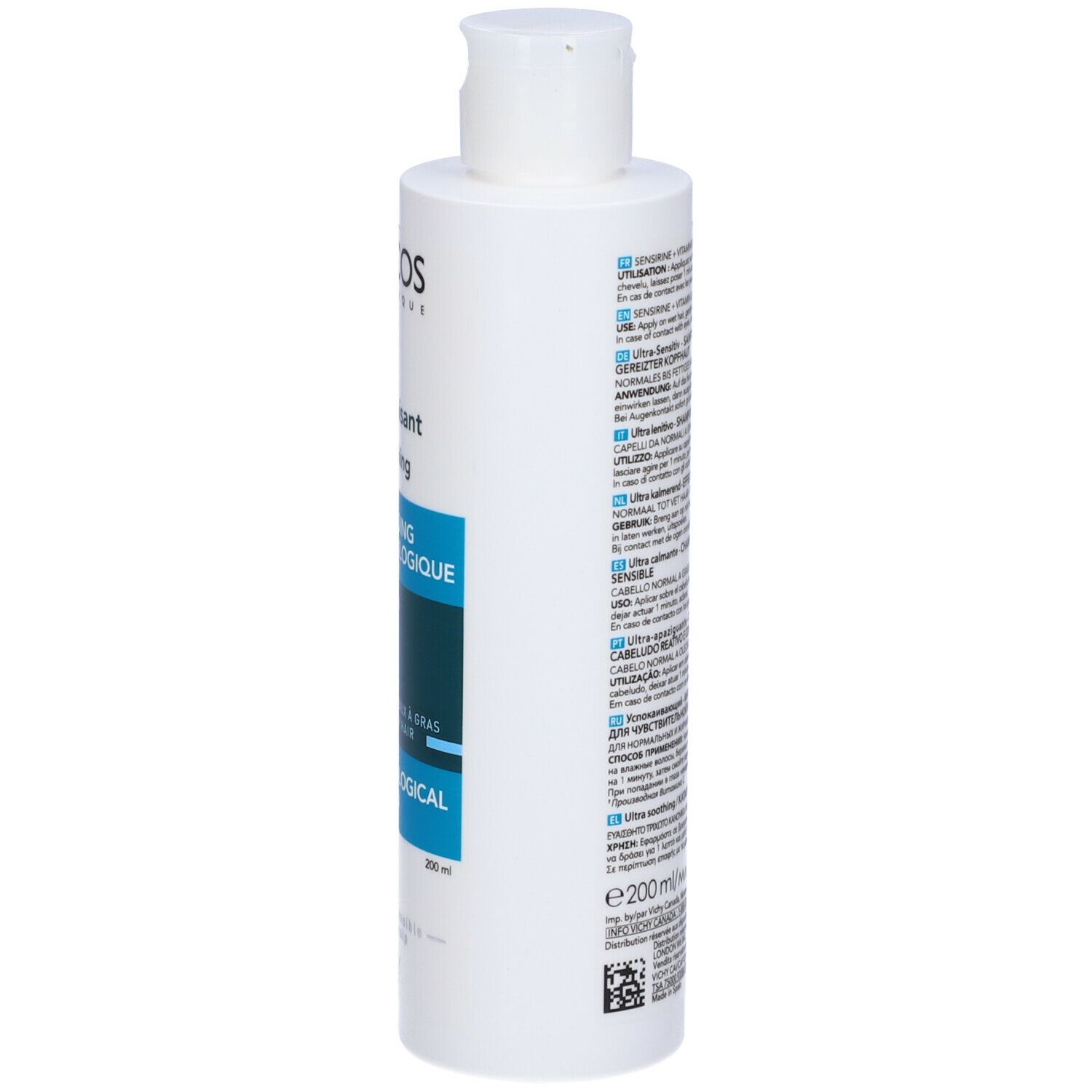 Flacone di shampoo Vichy Dercos. Bianco, etichetta blu. Testo: Ultra lenitivo, shampoo dermatologico. Per cuoio capelluto sensibile.