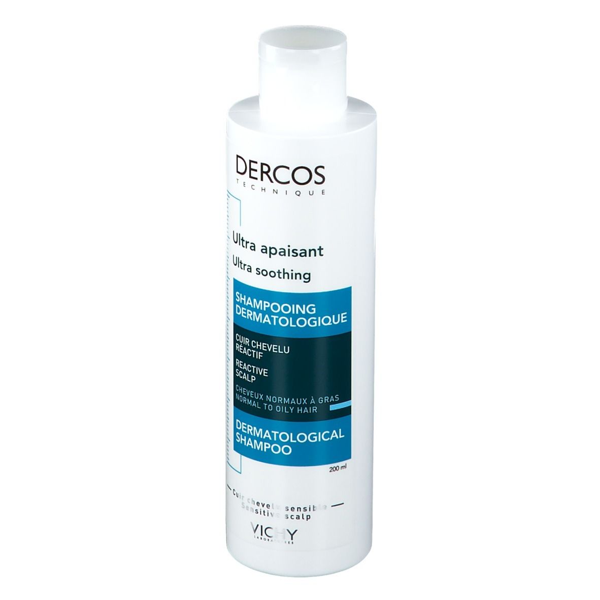 Flacone di shampoo Vichy Dercos. Bianco, etichetta blu. Testo: Ultra lenitivo, shampoo dermatologico. Per cuoio capelluto sensibile.
