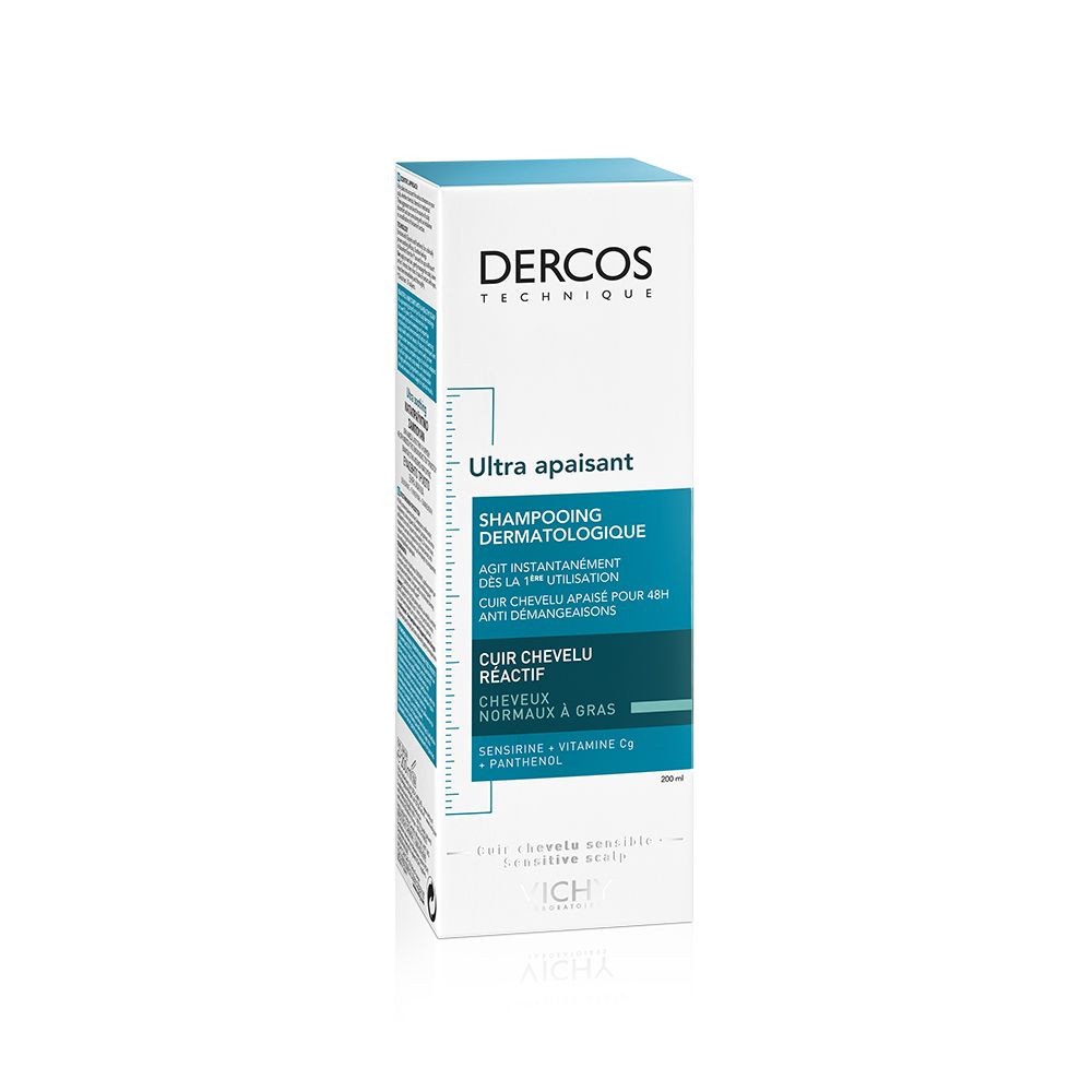 Confezione shampoo Vichy Dercos. Bianco, etichetta blu. Testo: Ultra lenitivo, shampoo dermatologico. Per cuoio capelluto sensibile.