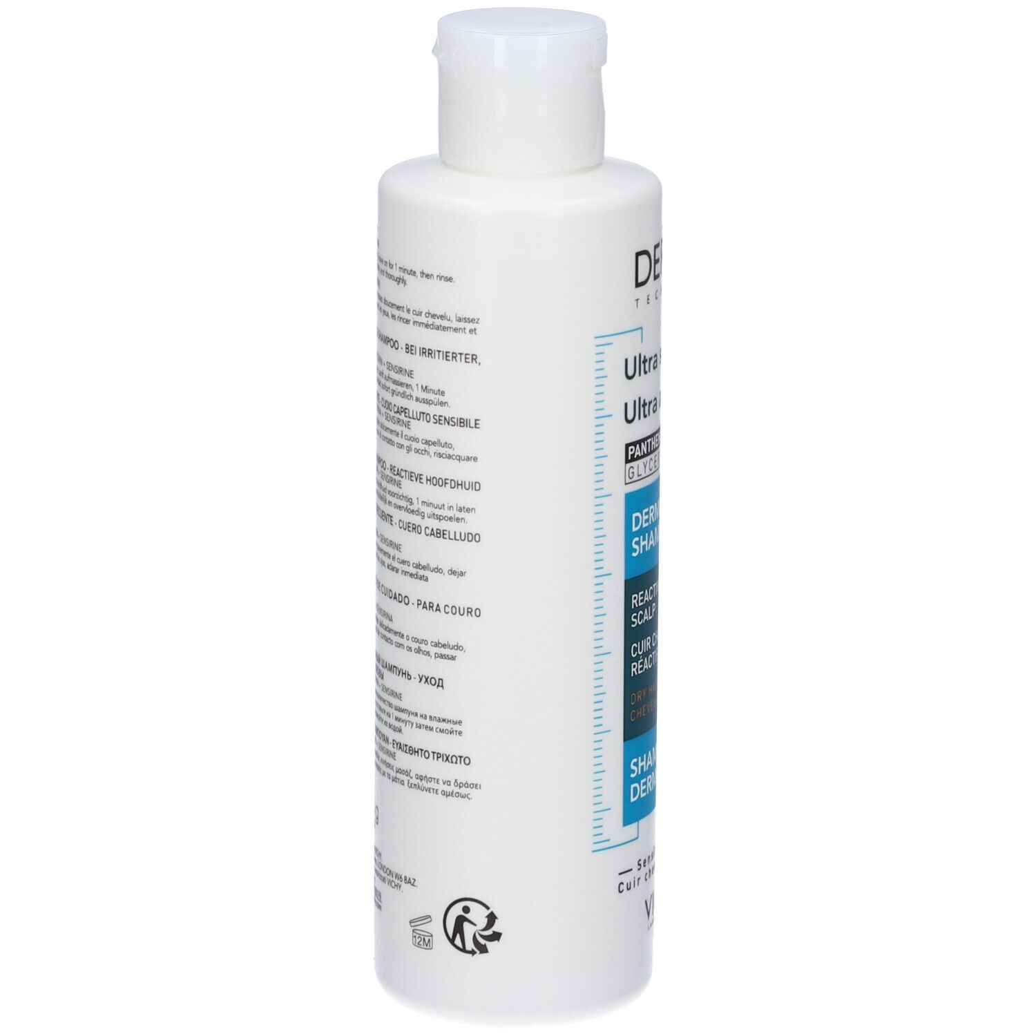 Retro del flacone di shampoo Vichy Dercos. Testo multilingue. Per cuoio capelluto sensibile e capelli secchi.