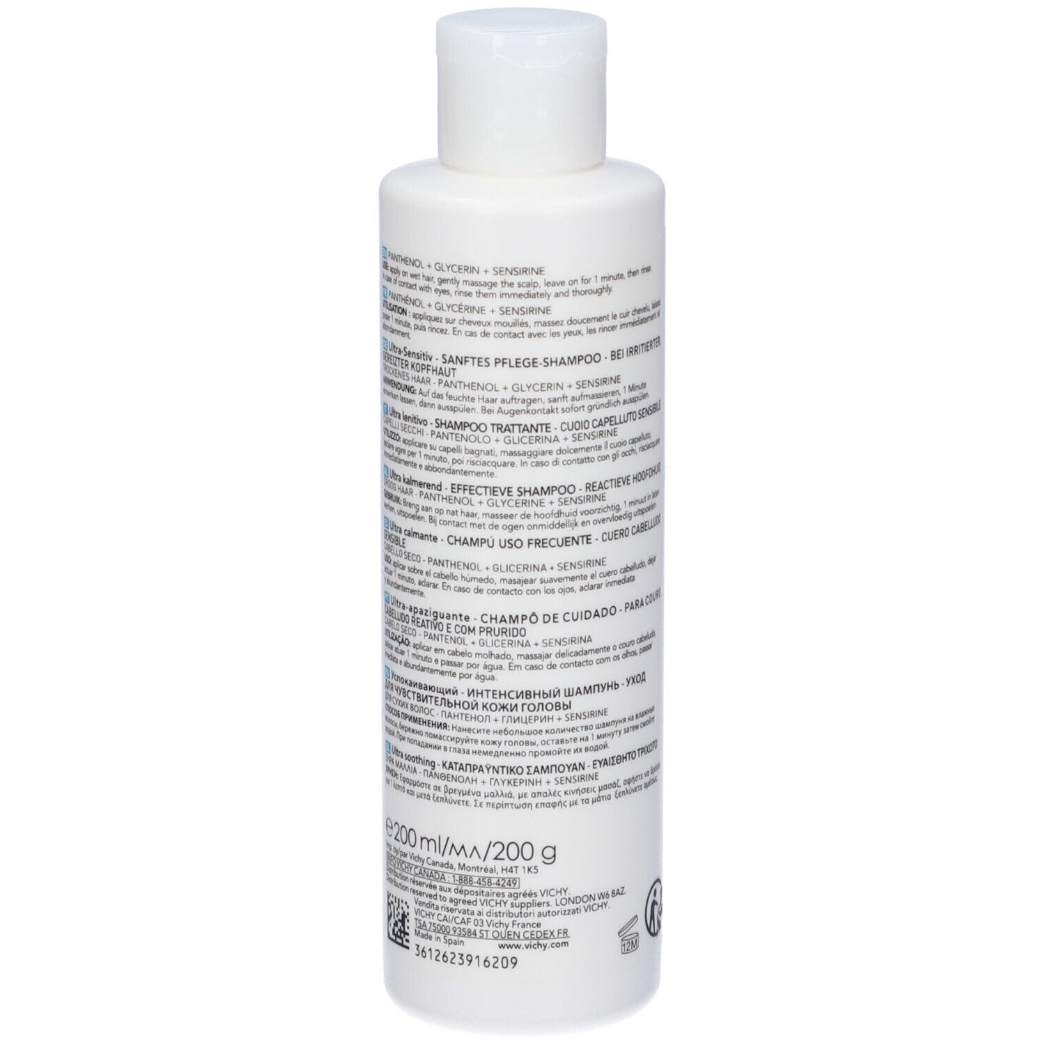 Retro del flacone di shampoo Vichy Dercos. Testo multilingue. Per cuoio capelluto sensibile e capelli secchi.