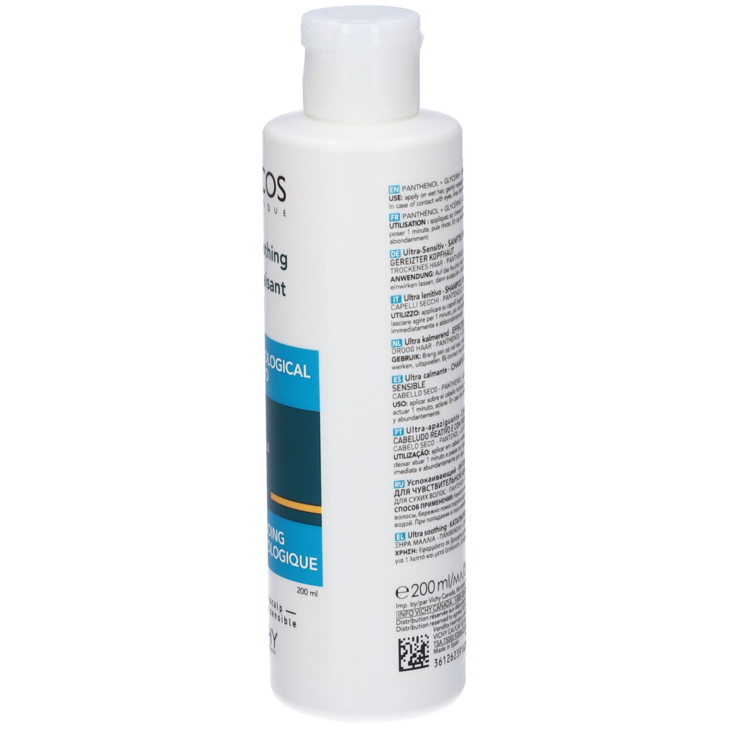 Flacone di shampoo Vichy Dercos. Etichetta blu. Per cuoio capelluto sensibile e capelli secchi. Contiene pantenolo e glicerina.