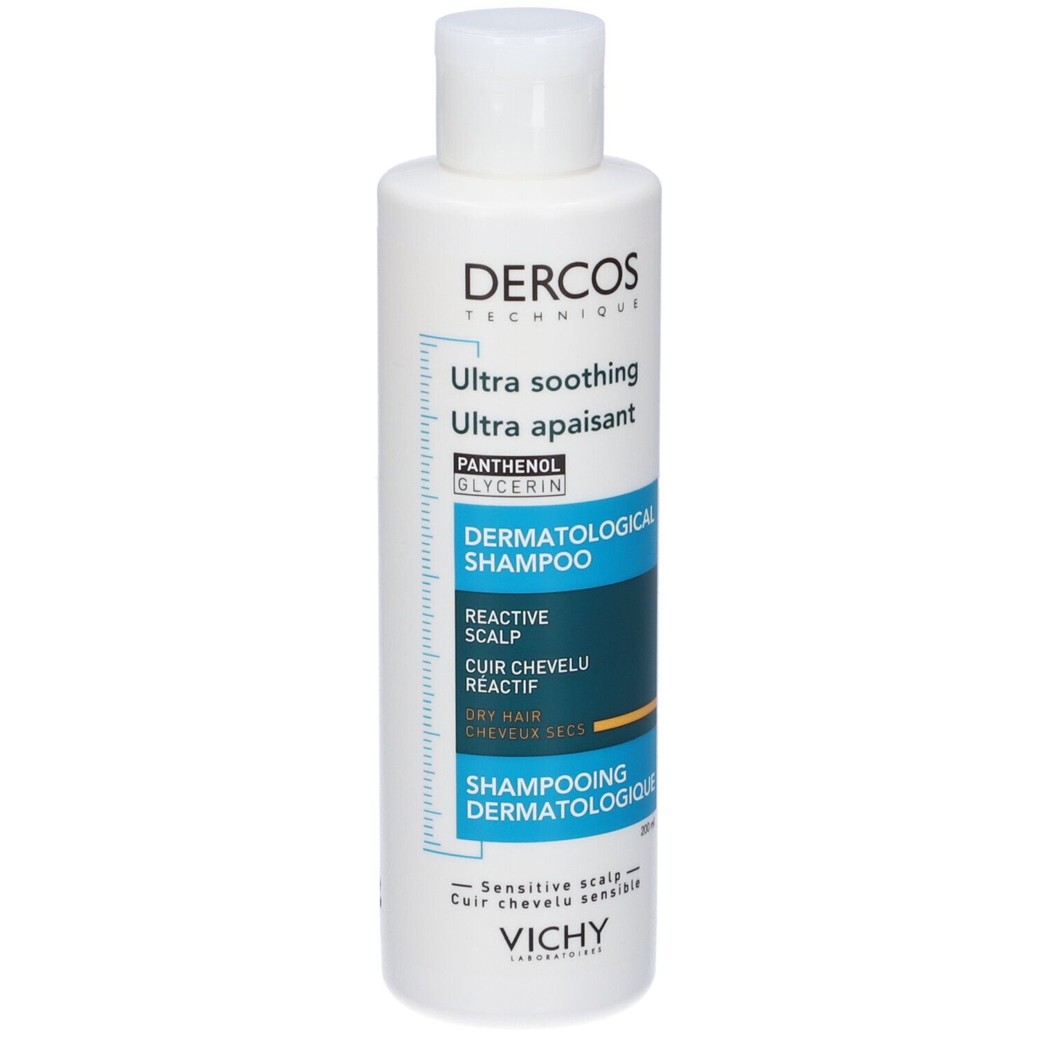 Flacone di shampoo Vichy Dercos. Etichetta blu. Per cuoio capelluto sensibile e capelli secchi. Contiene pantenolo e glicerina.