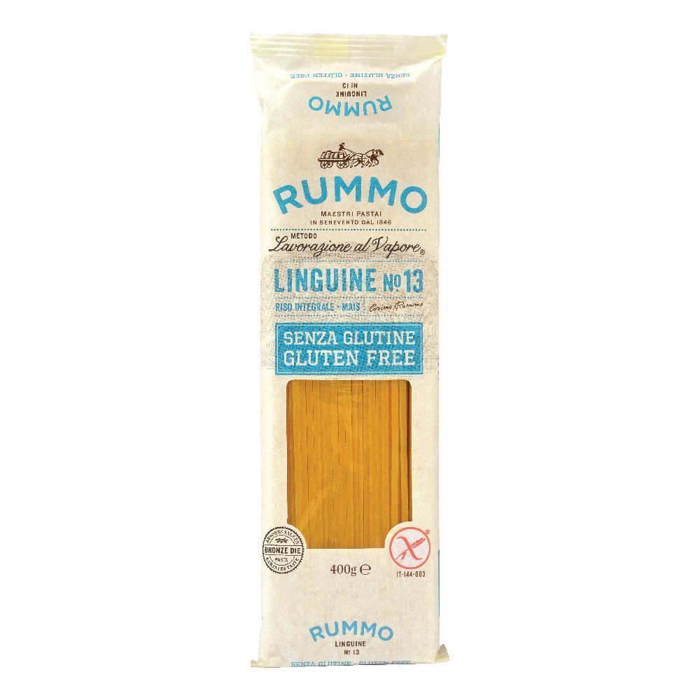 Verpackung mit Rummo Linguine N° 13 Senza Glutine. Hellbraune Nudeln durch transparentes Fenster sichtbar. Glutenfrei-Logo.