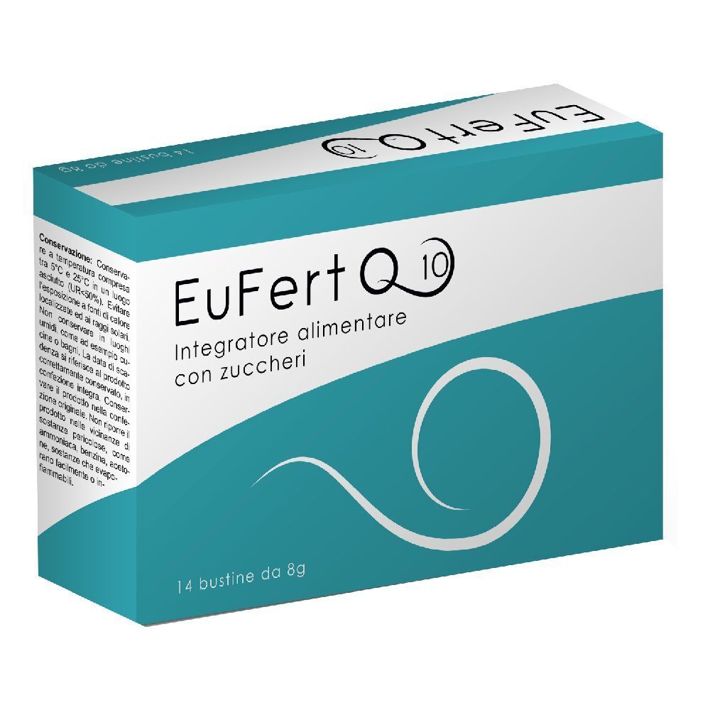 Scatola EuFert Q10. Scritto: Integratore alimentare con zuccheri. 14 bustine da 8g.