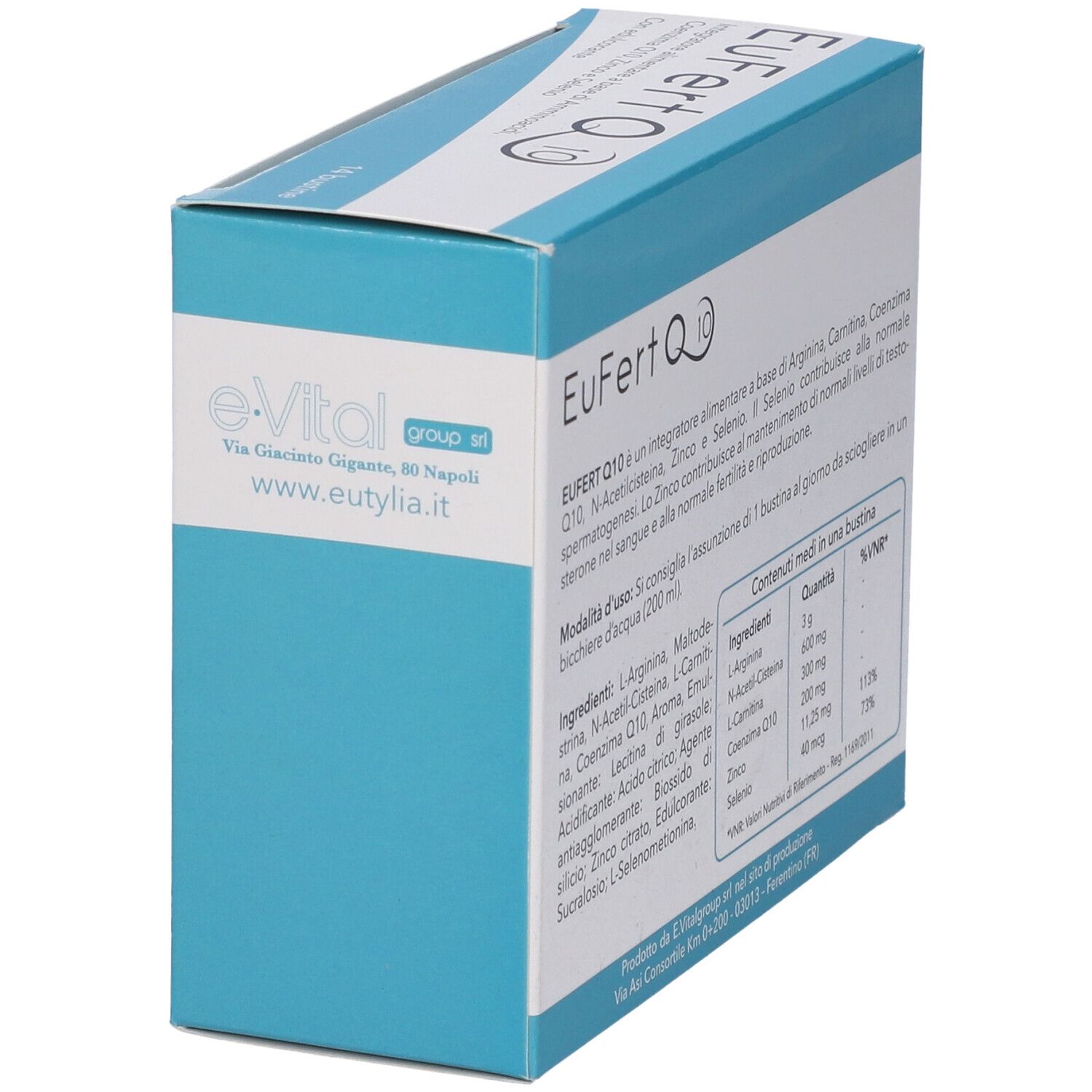 Scatola EuFert Q10. Retro con ingredienti e informazioni nutrizionali. Contiene L-Arginina, Zinco, Selenio.