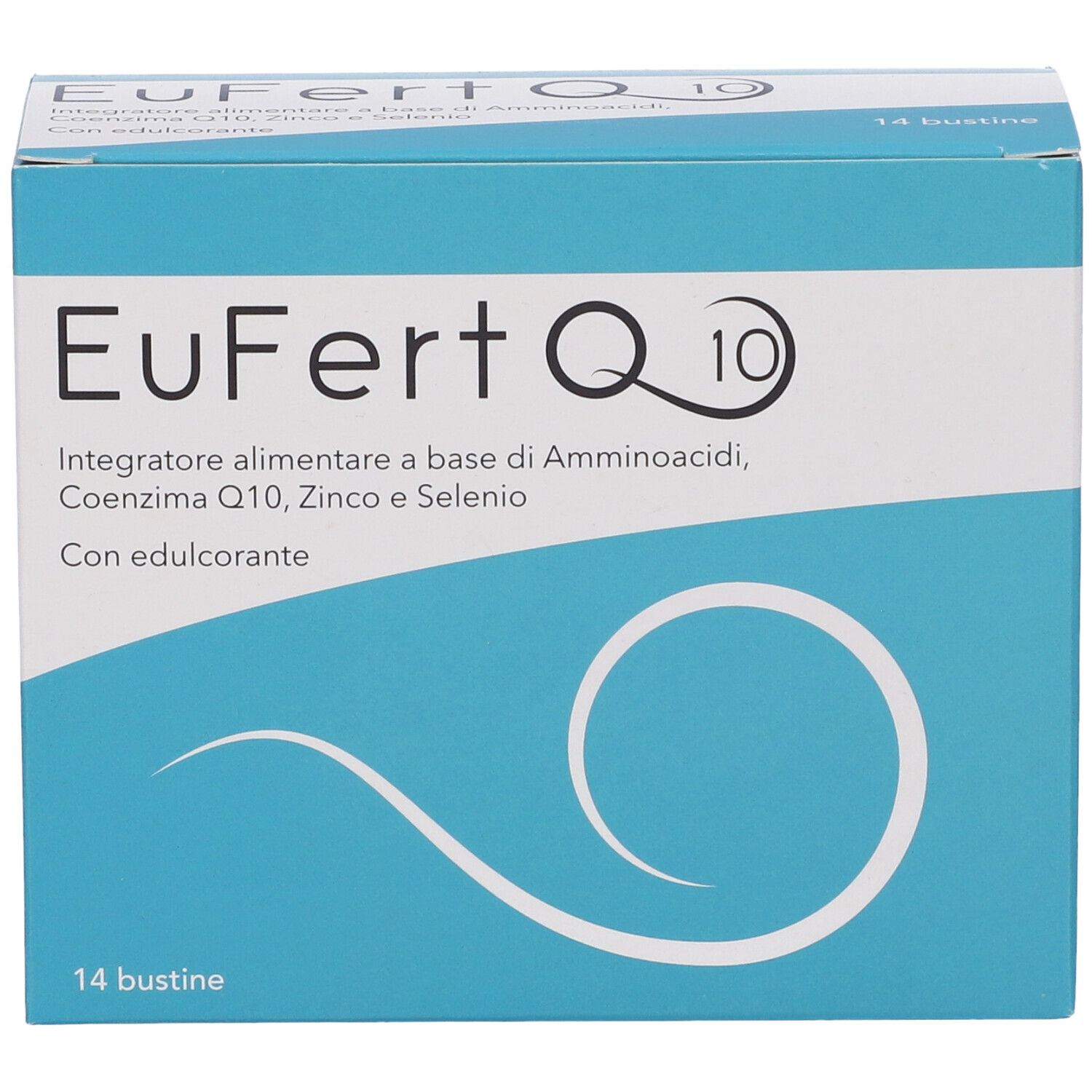Scatola EuFert Q10. Scritto: Integratore alimentare a base di Aminoacidi, Coenzima Q10, Zinco e Selenio. 14 bustine.