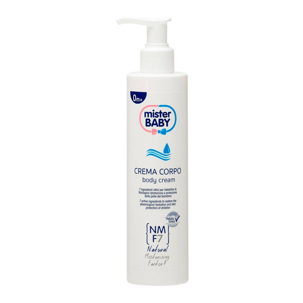 Flacone bianco con dosatore. Scritta: MISTER BABY, CREMA CORPO body cream. Con marchio di certificazione.