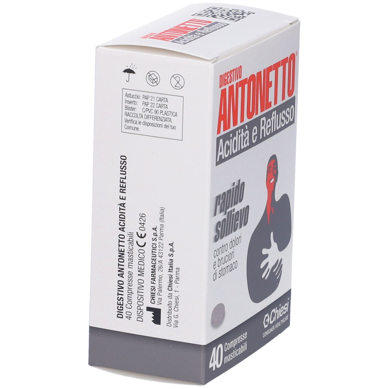 Digestivo Antonetto® Acidità e Reflusso Compresse: Seitenansicht der Packung mit 40 Kautabletten.