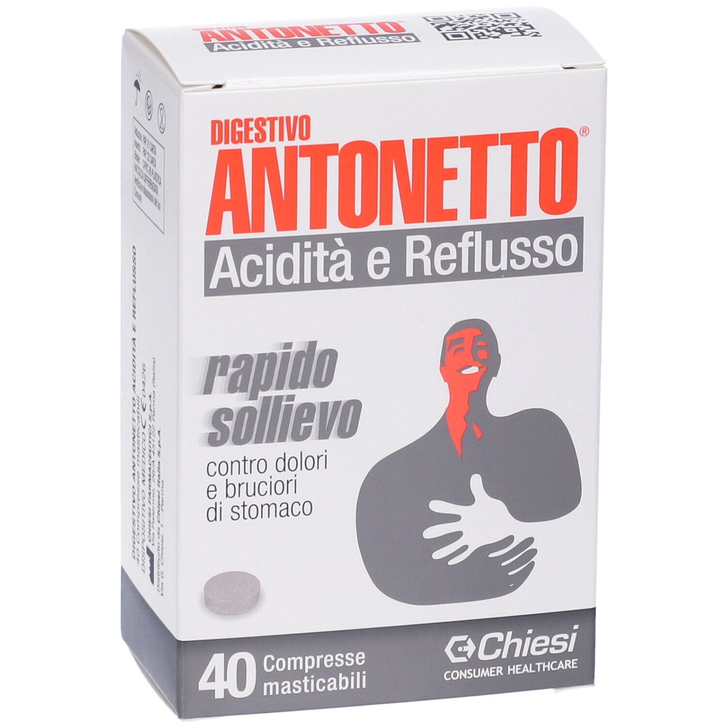 Digestivo Antonetto® Acidità e Reflusso Compresse: Packung mit 40 Kautabletten und Abbildung.