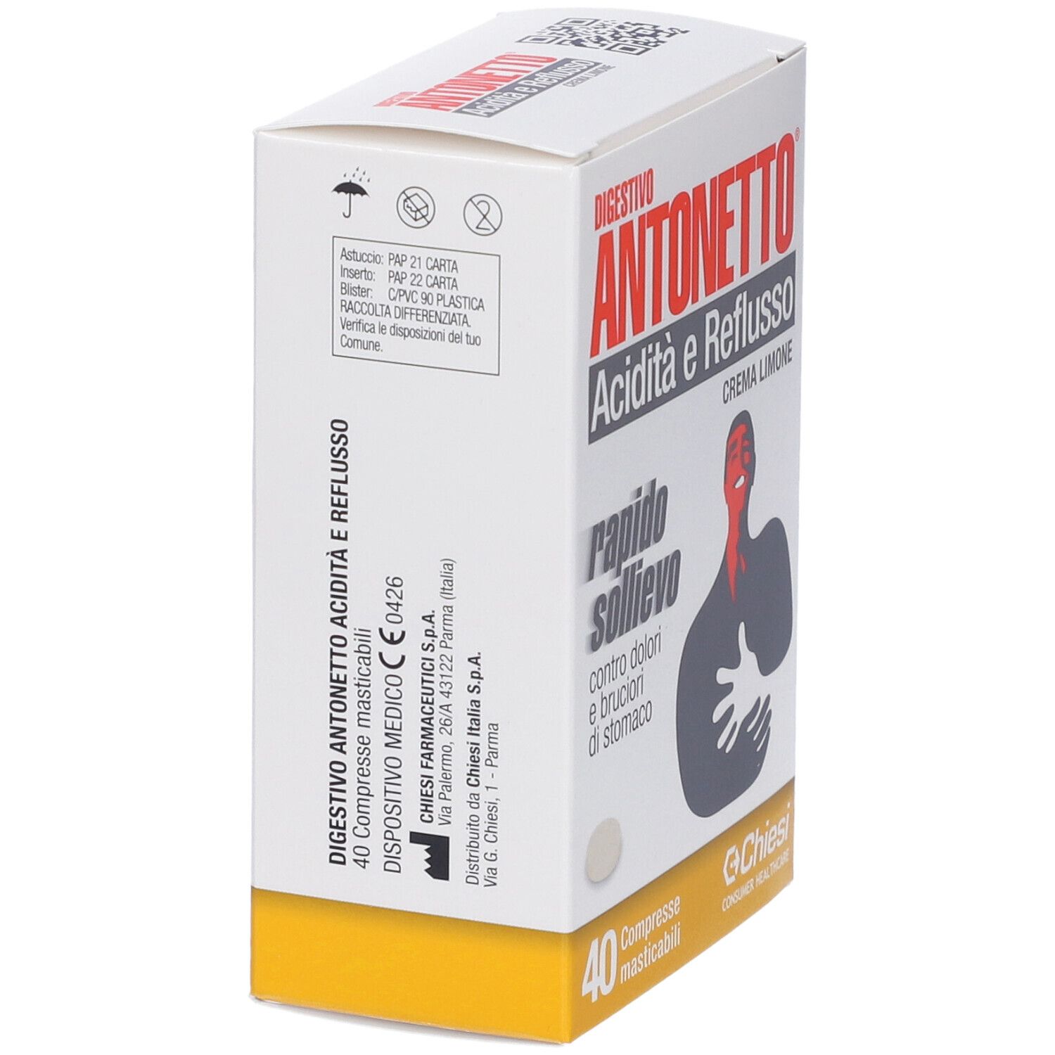 Rückseite der Digestivo Antonetto Verpackung mit Produktinformationen und Recycling-Symbolen.