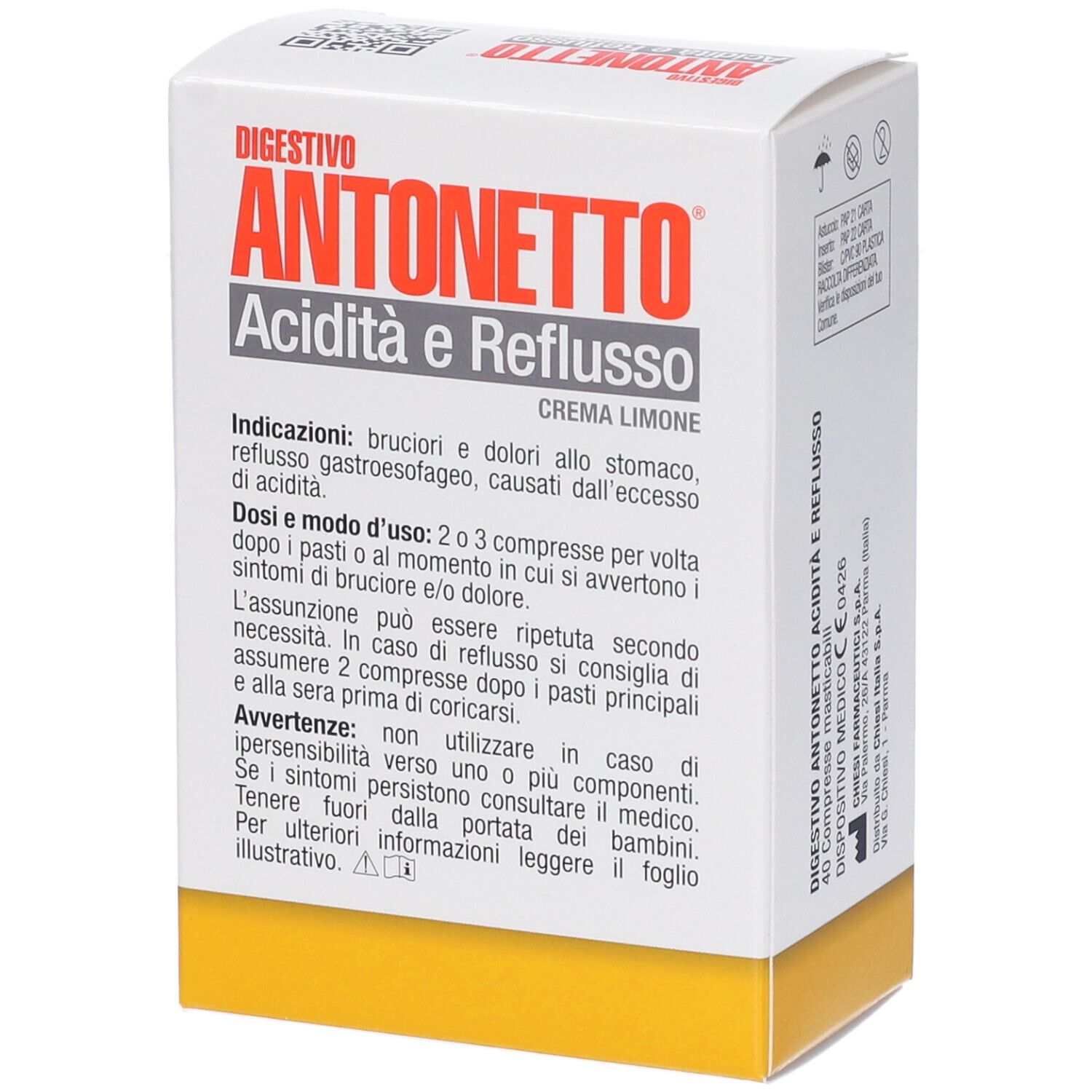 Seite der Digestivo Antonetto Verpackung mit Anwendungshinweisen und Warnungen.