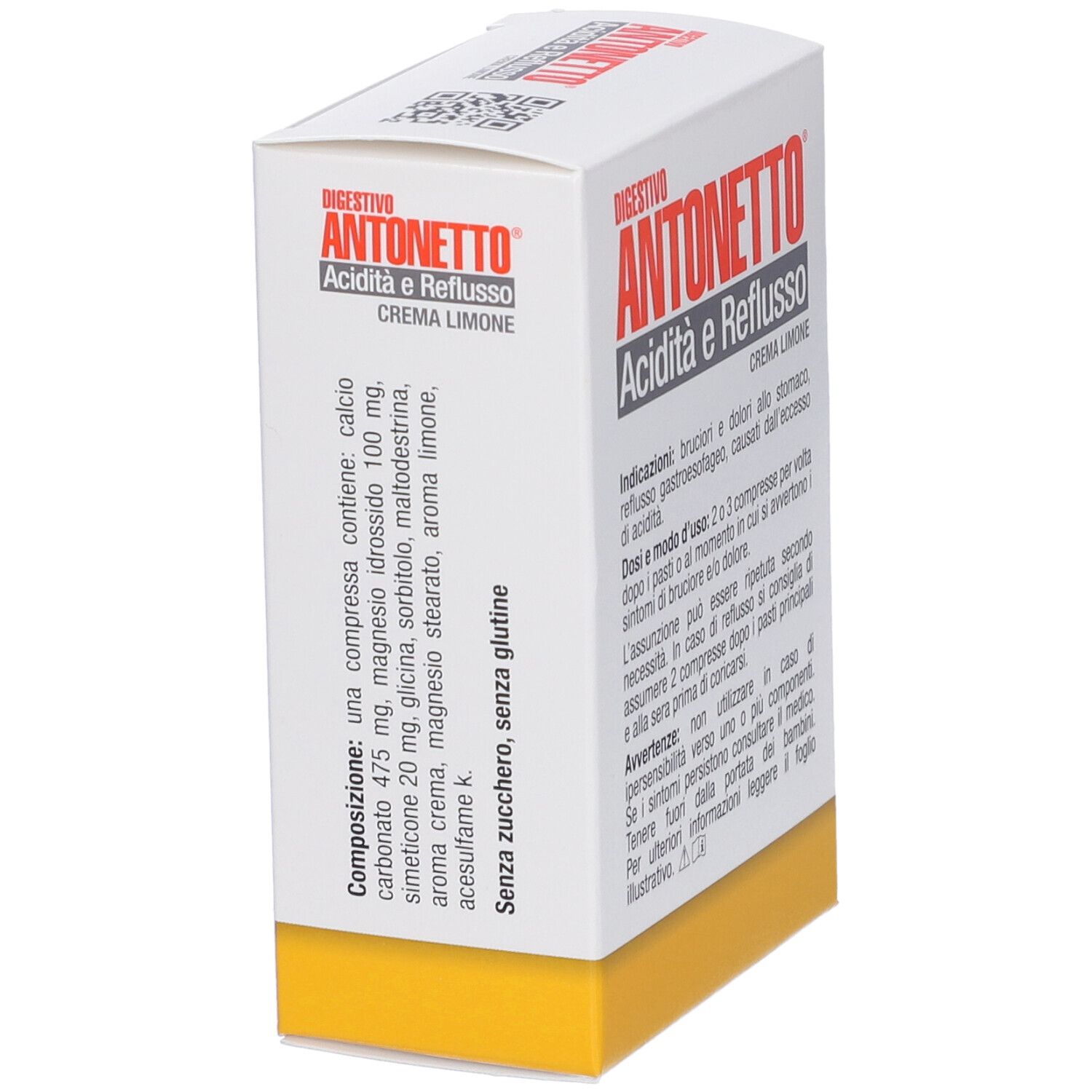 Seite der Digestivo Antonetto Verpackung mit Zusammensetzung und Hinweisen.