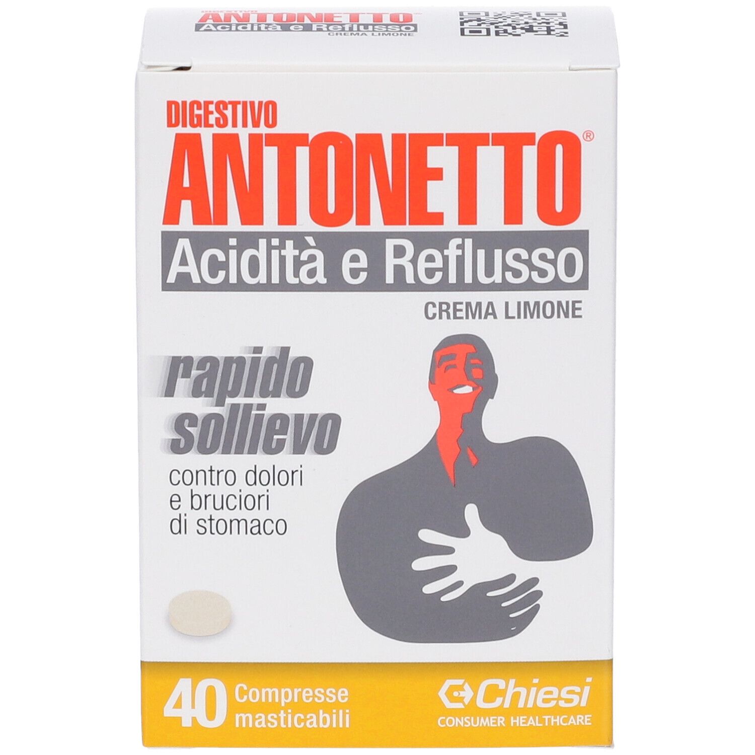 Verpackung von Digestivo Antonetto, 40 Kautabletten, Zitronencreme, mit Abbildung eines Mannes.