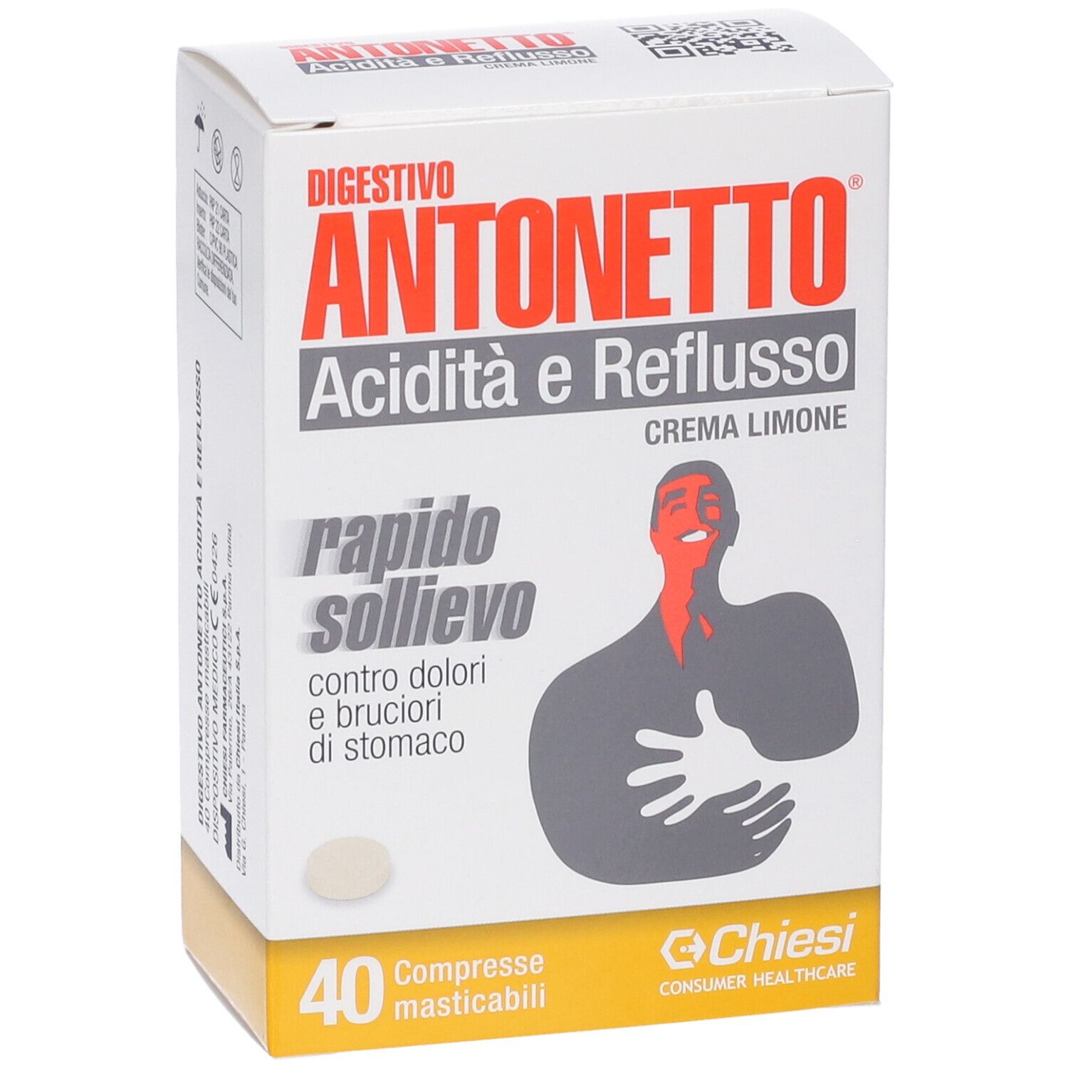 Verpackung von Digestivo Antonetto, 40 Kautabletten, Zitronencreme, mit Abbildung eines Mannes.